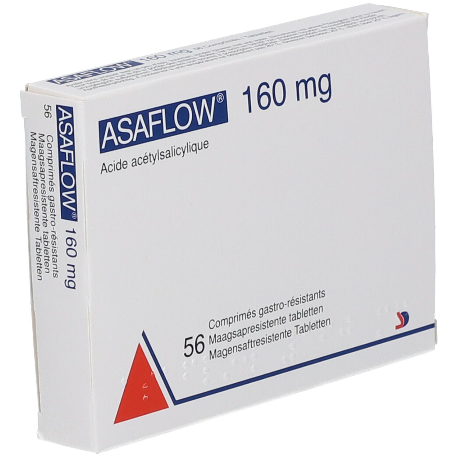Doos ASAFLOW 160 mg, 56 tabletten. Witte verpakking, rode driehoek en blauwe tekst.
