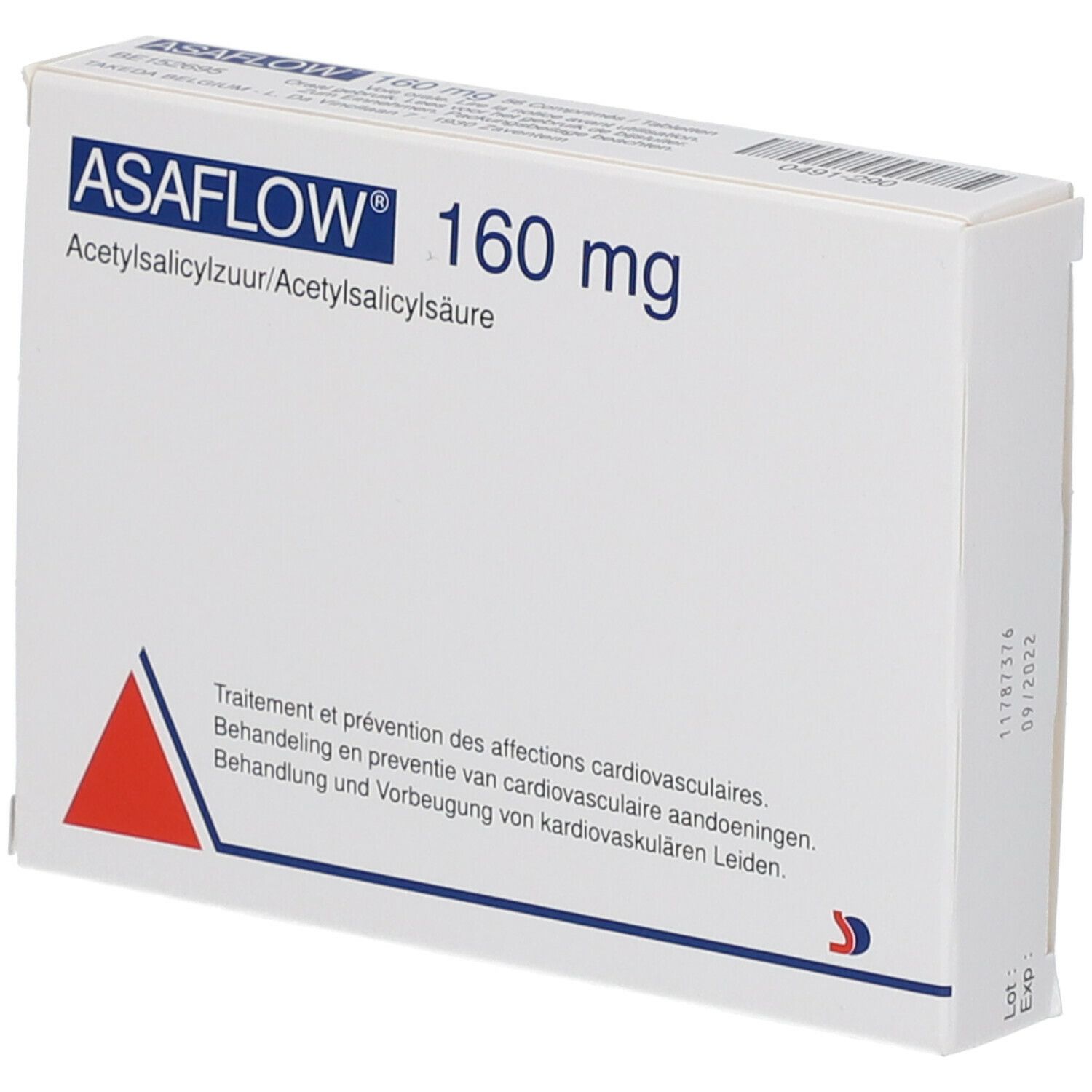 Doos ASAFLOW 160 mg, 56 tabletten. Witte verpakking, rode driehoek en tekst.