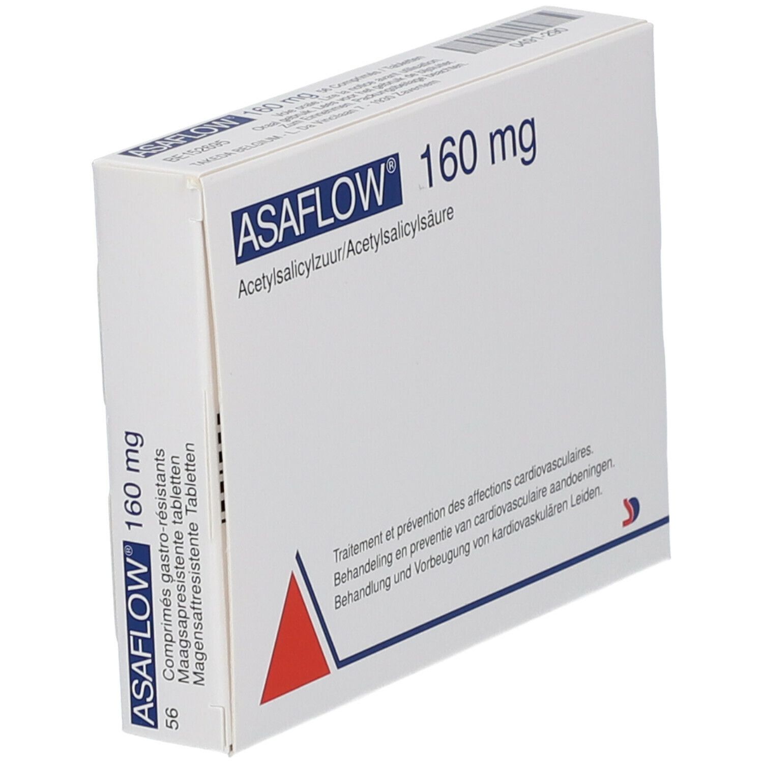 Doos ASAFLOW 160 mg, 56 tabletten. Witte verpakking, rode driehoek en tekst.