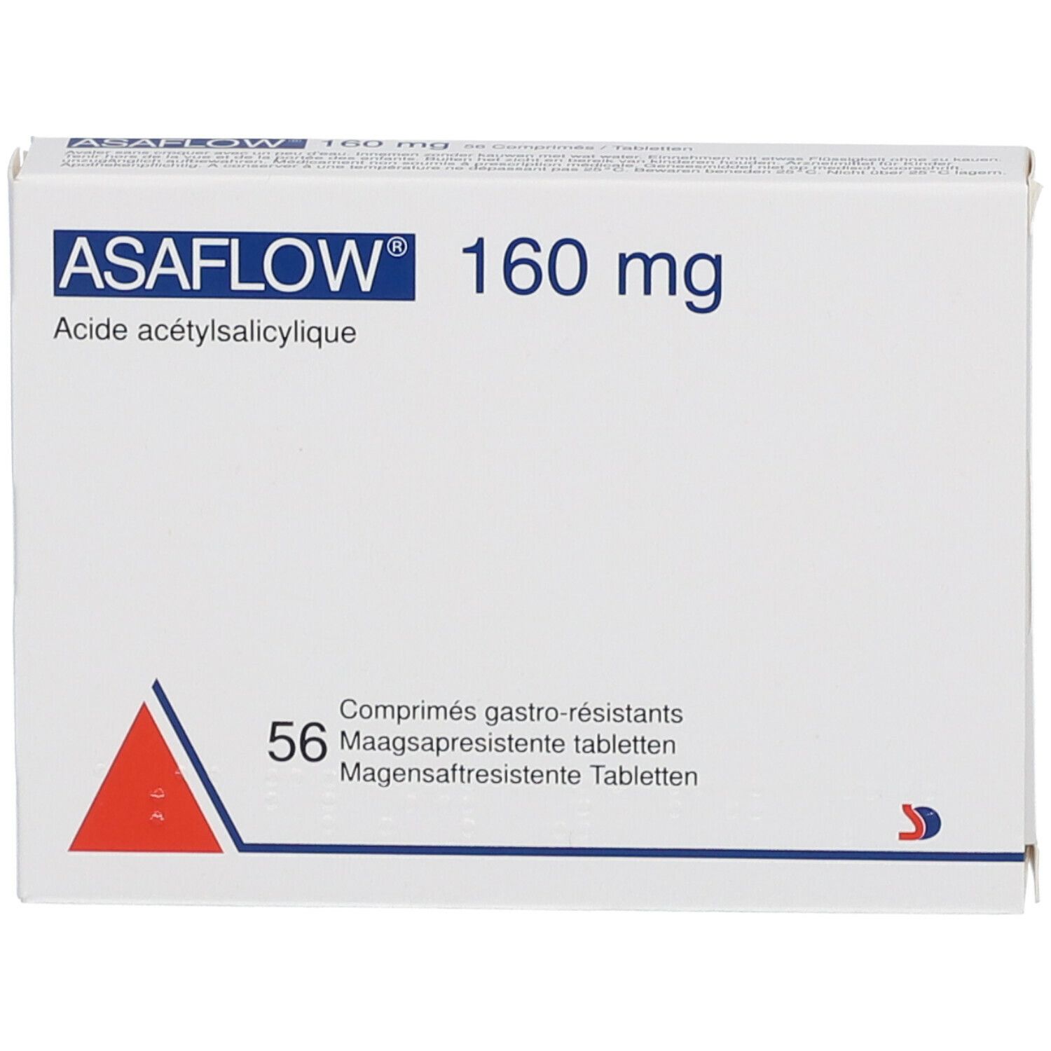 Doos ASAFLOW 160 mg, 56 tabletten. Witte verpakking, rode driehoek en tekst.