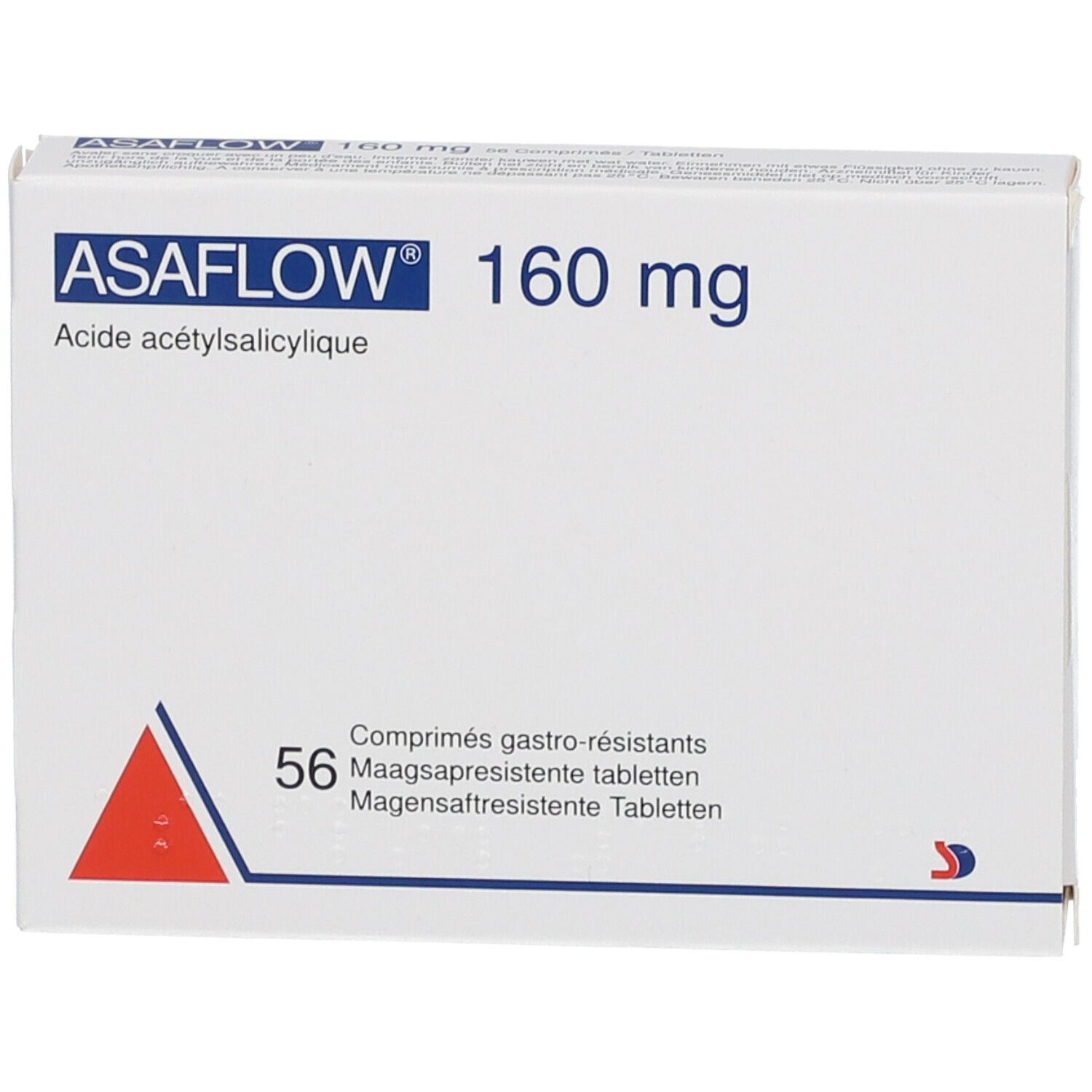 Doos ASAFLOW 160 mg, 56 tabletten. Witte verpakking, rode driehoek en tekst.