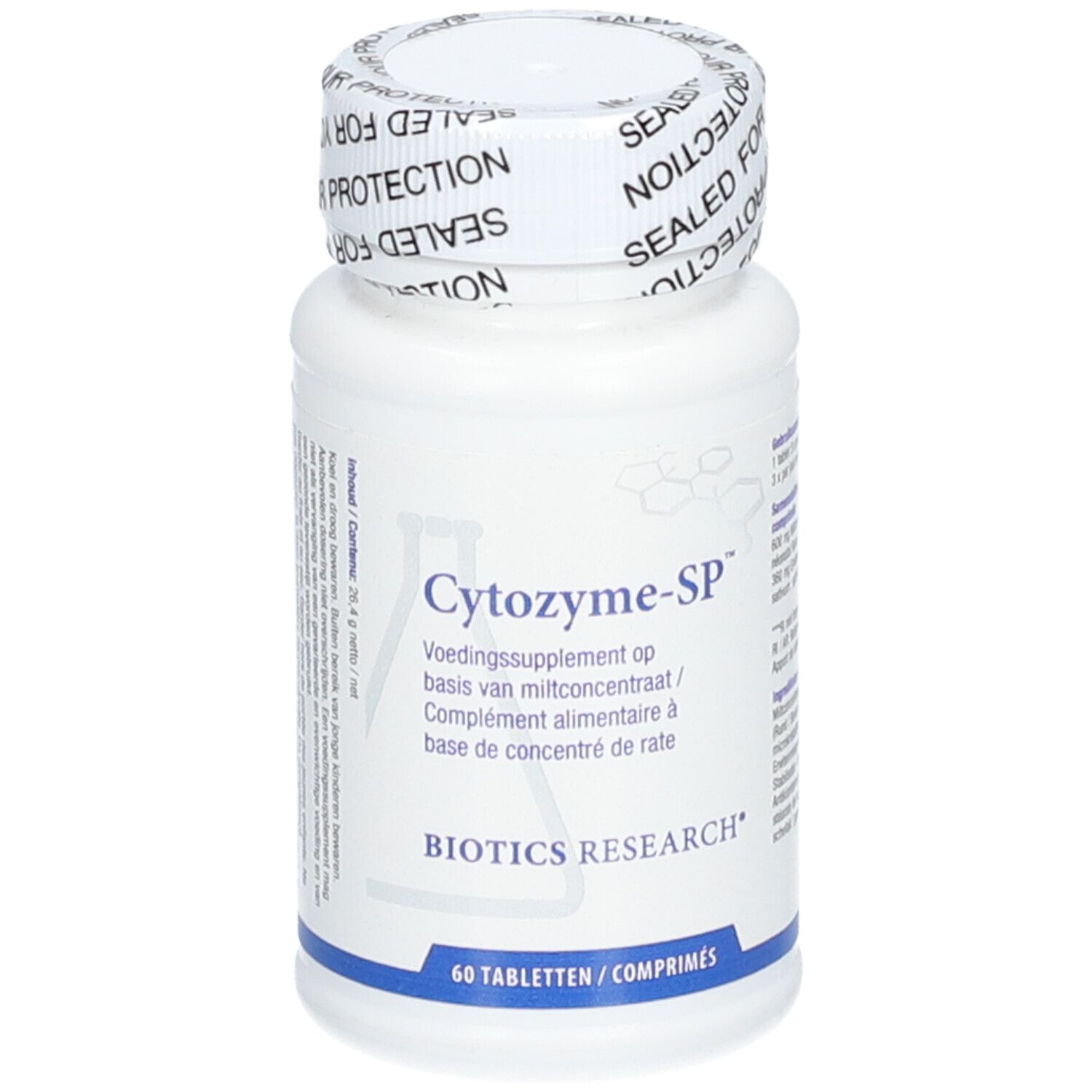 Flacon blanc avec étiquette Cytozyme-SP. Inscription Biotics Research. 60 comprimés. Bouchon avec texte 'SEALED FOR YOUR PROTECTION'.