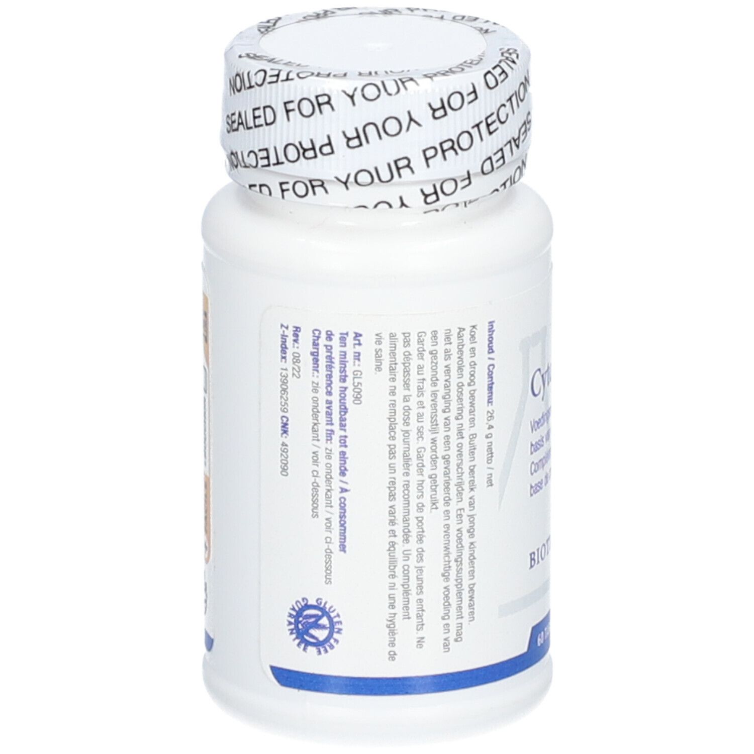 Dos du flacon blanc. Texte multilingue. Inscription Biotics Research. Bouchon avec texte 'SEALED FOR YOUR PROTECTION'.
