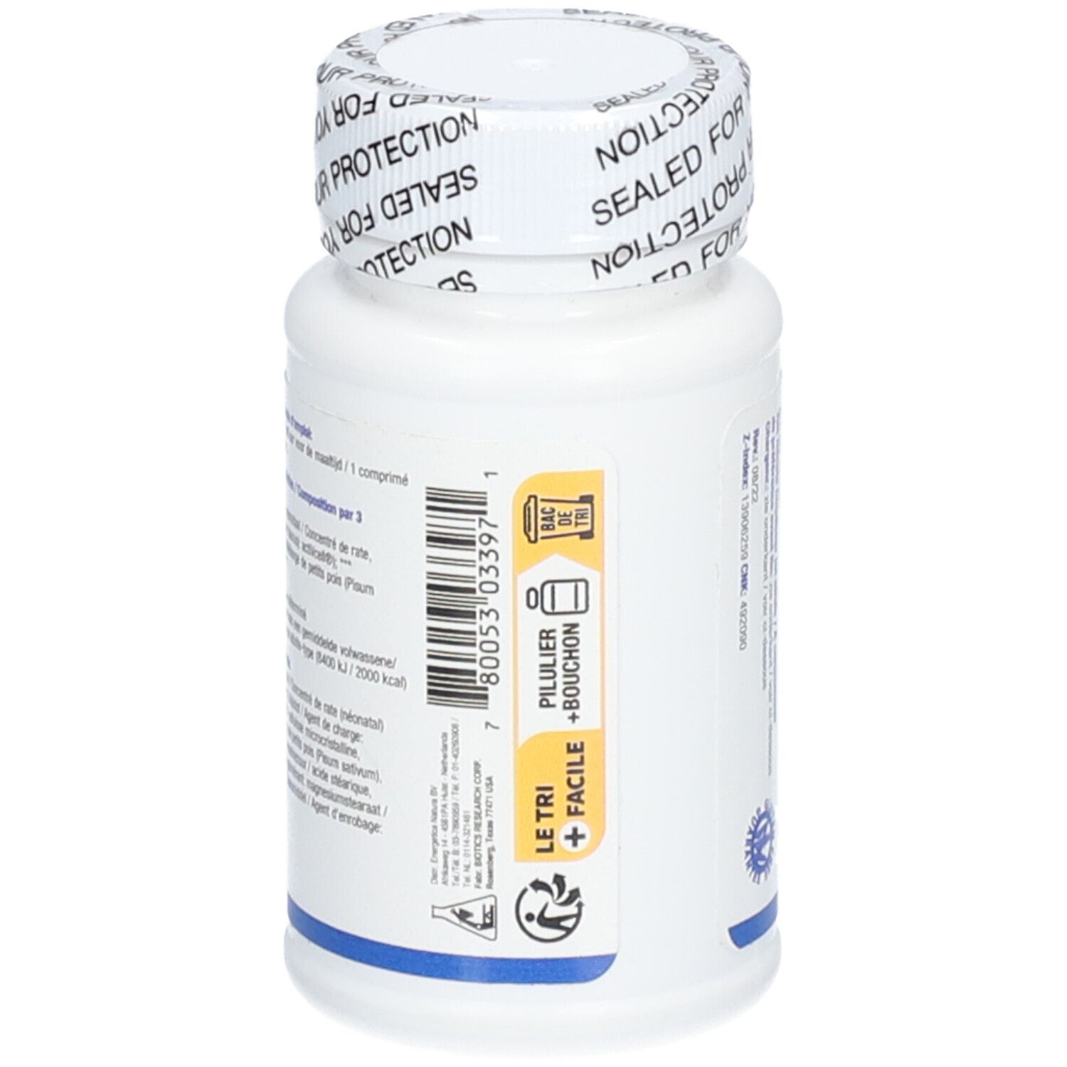 Dos du flacon blanc. Texte multilingue. Inscription Biotics Research. Bouchon avec texte 'SEALED FOR YOUR PROTECTION'.