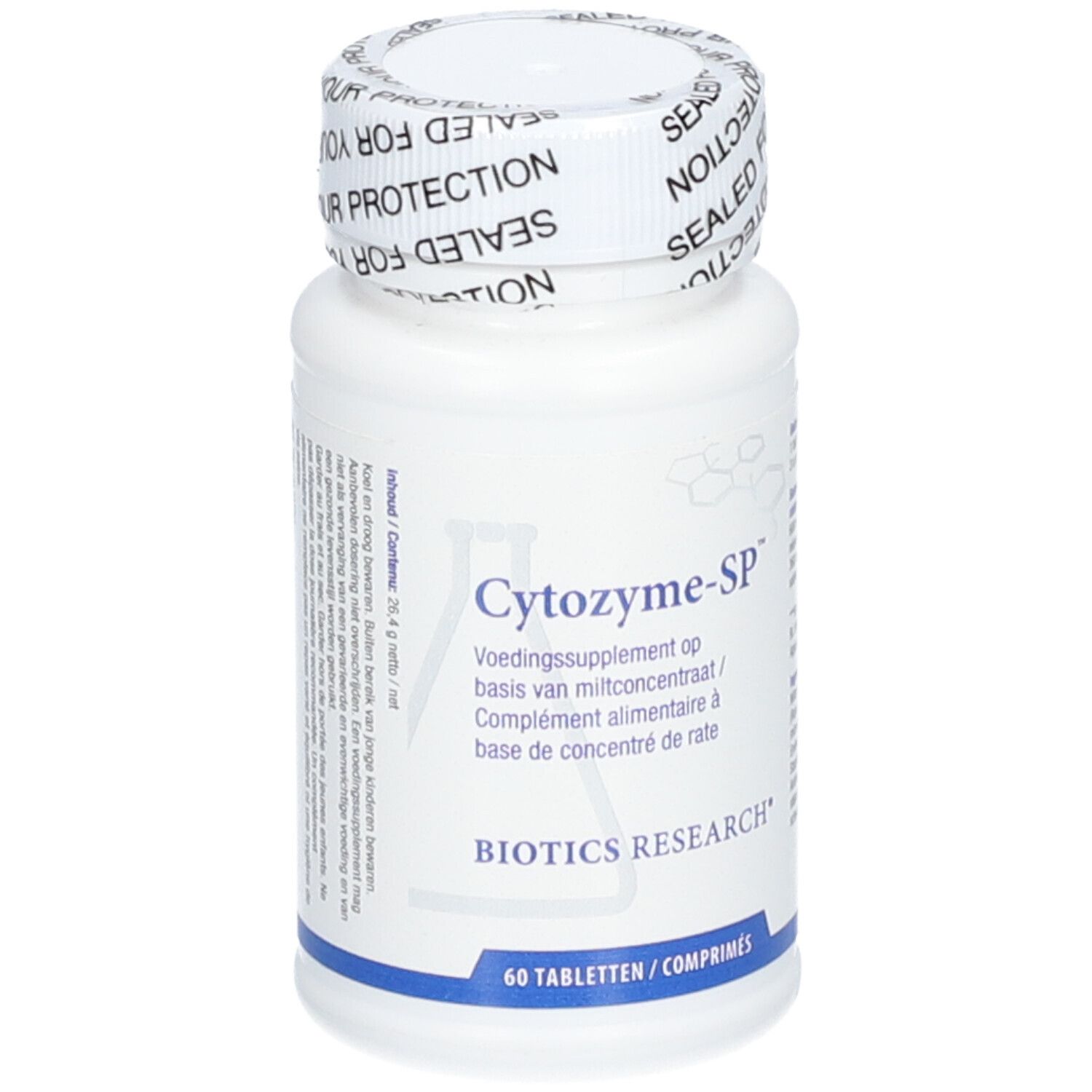 Flacon blanc avec étiquette Cytozyme-SP. Inscription Biotics Research. 60 comprimés. Bouchon avec texte 'SEALED FOR YOUR PROTECTION'.