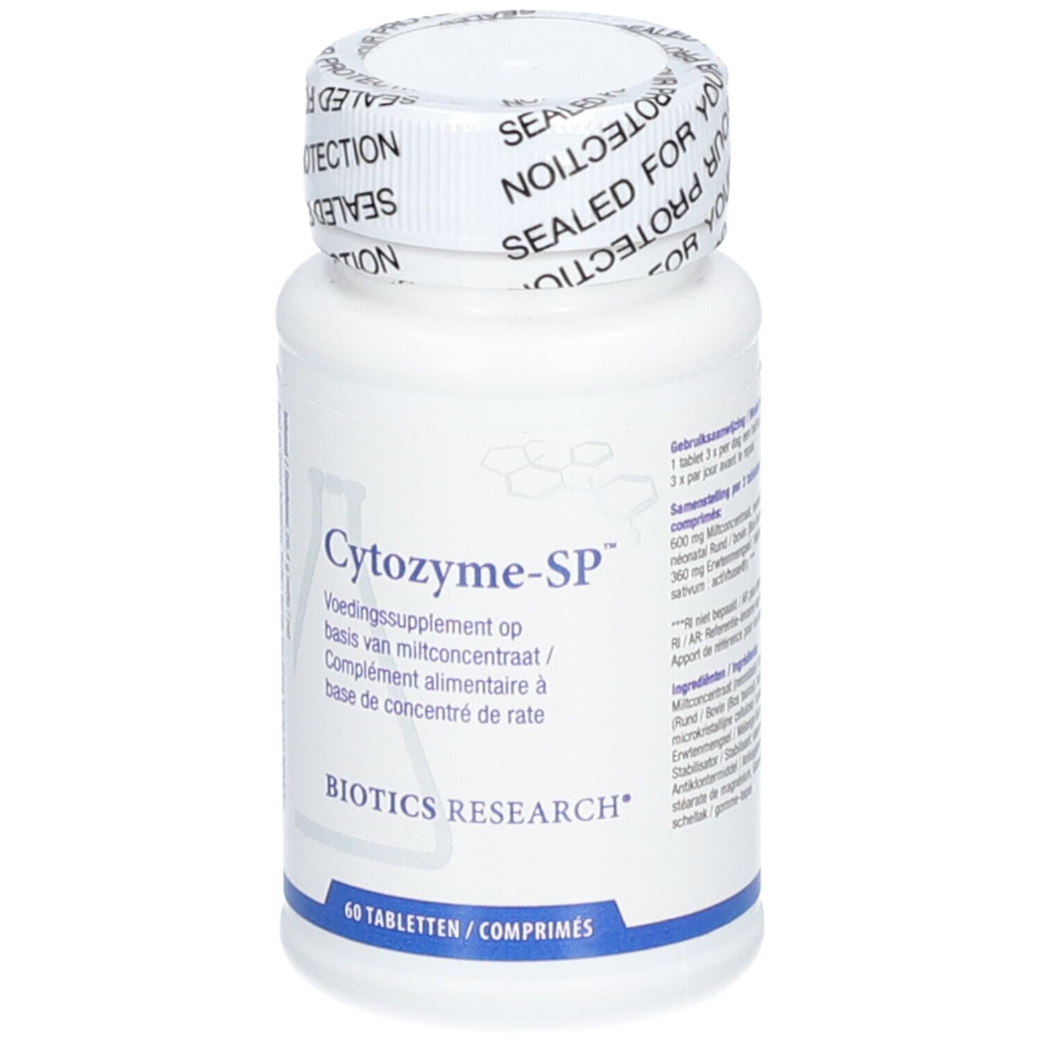 Flacon blanc avec étiquette Cytozyme-SP. Inscription Biotics Research. 60 comprimés. Bouchon avec texte 'SEALED FOR YOUR PROTECTION'.