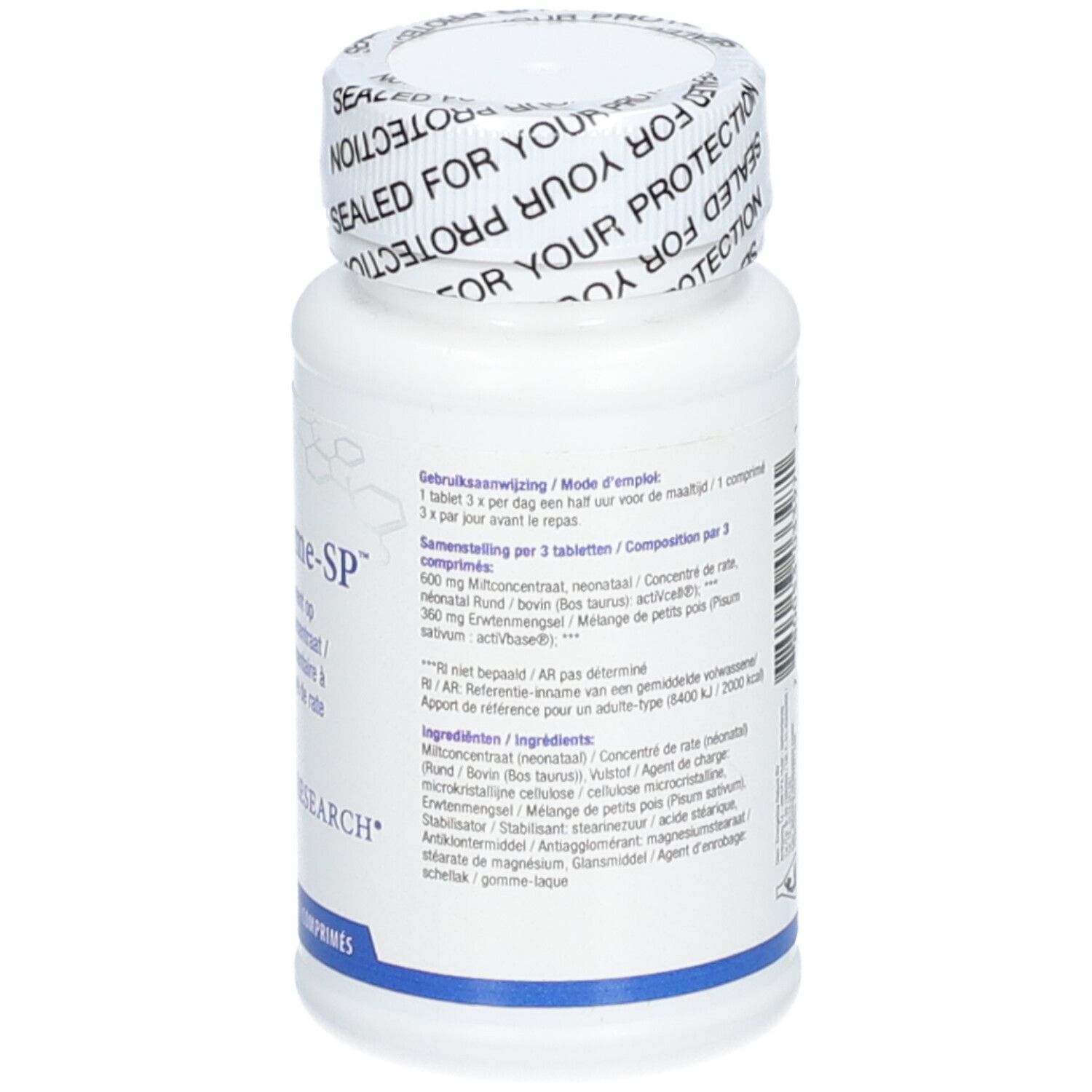 Dos du flacon blanc. Texte multilingue. Inscription Biotics Research. Bouchon avec texte 'SEALED FOR YOUR PROTECTION'.