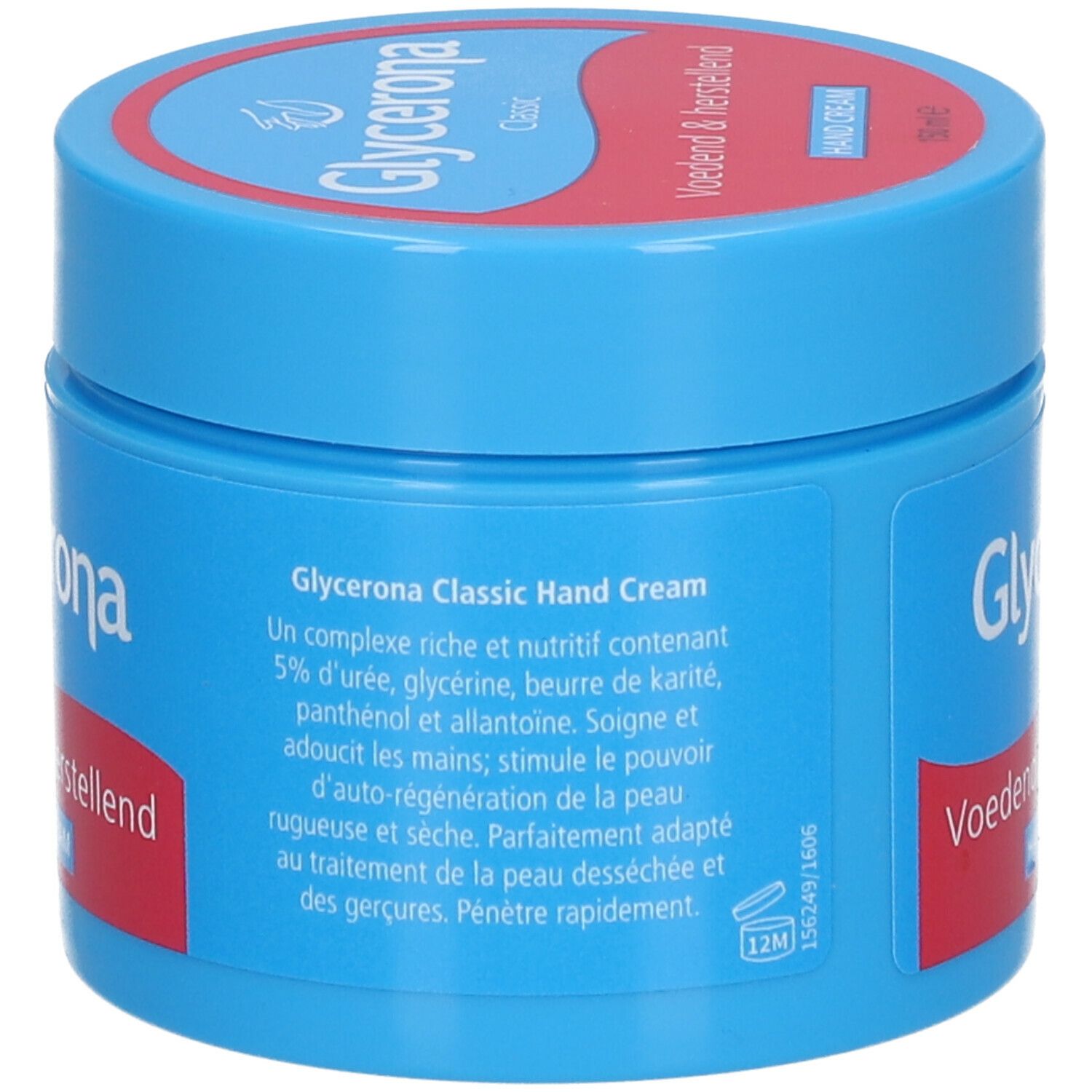 Pot bleu avec texte. Inscription: Glycerona Classic Hand Cream. Texte en français: Un complexe riche et nutritif contenant... Pénètre rapidement.