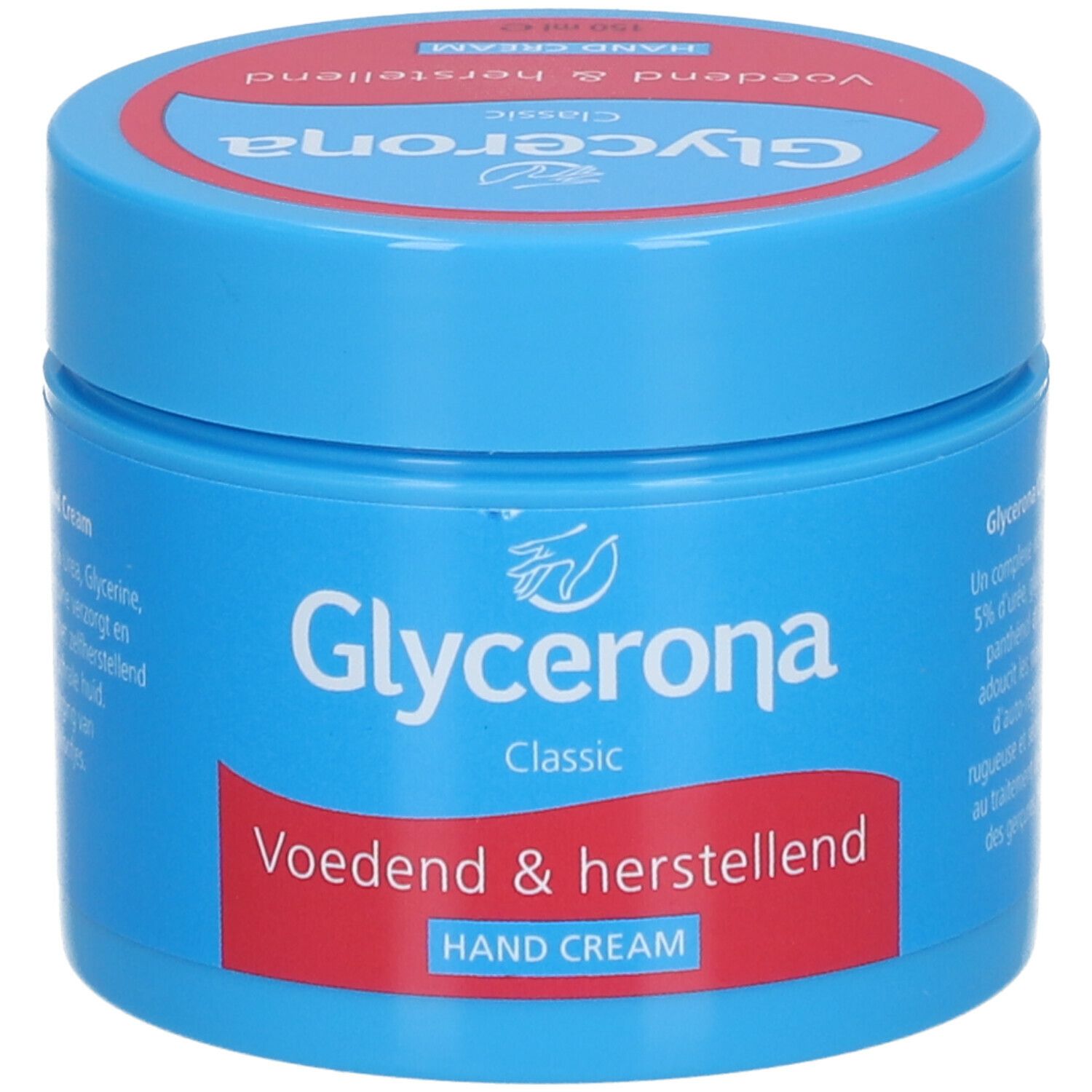 Pot bleu avec couvercle rouge. Inscription: Glycerona Classic Hand Cream. Texte rouge: Voedend & herstellend. Handcreme.