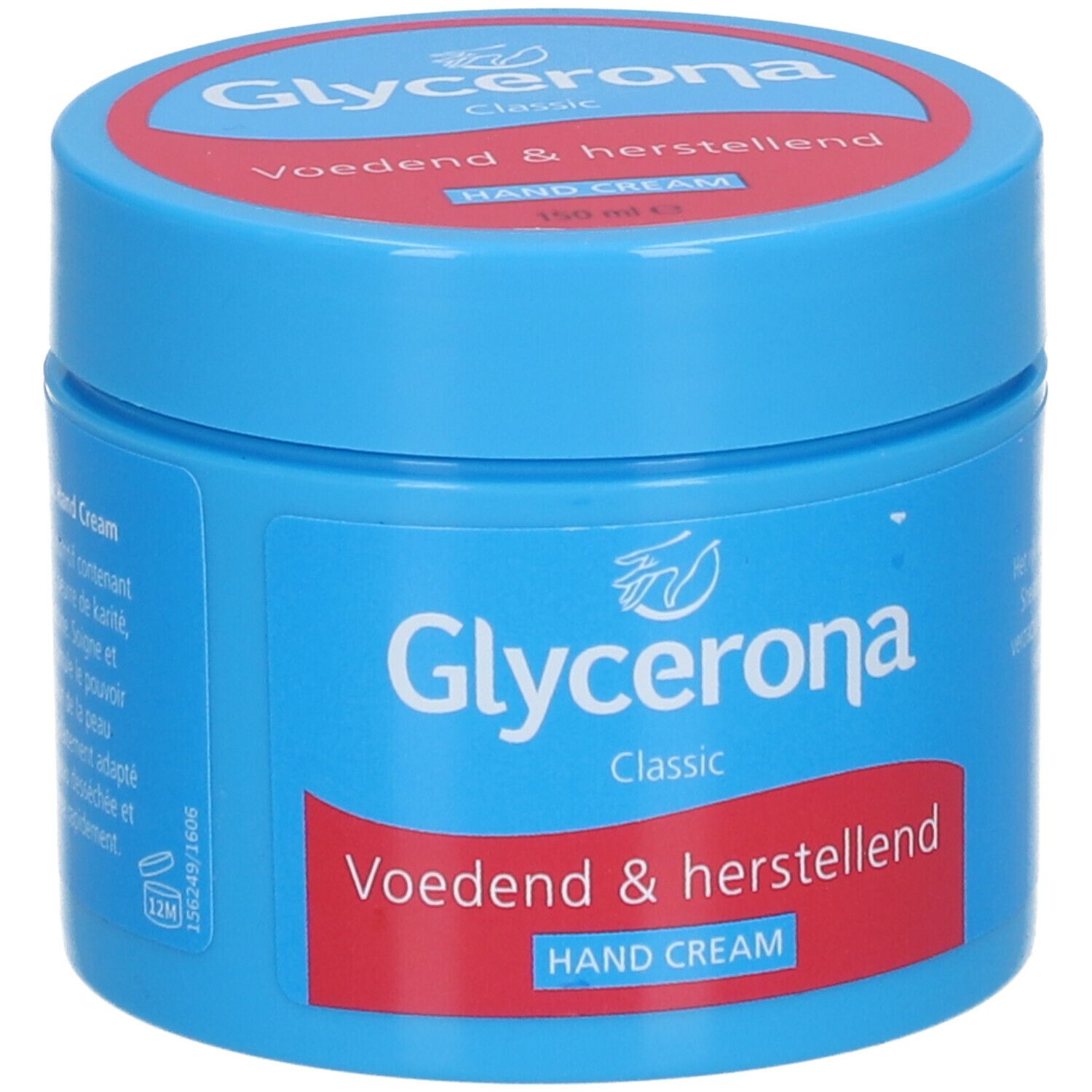 Pot bleu avec couvercle rouge. Inscription: Glycerona Classic Hand Cream. Texte rouge: Voedend & herstellend. Handcreme.