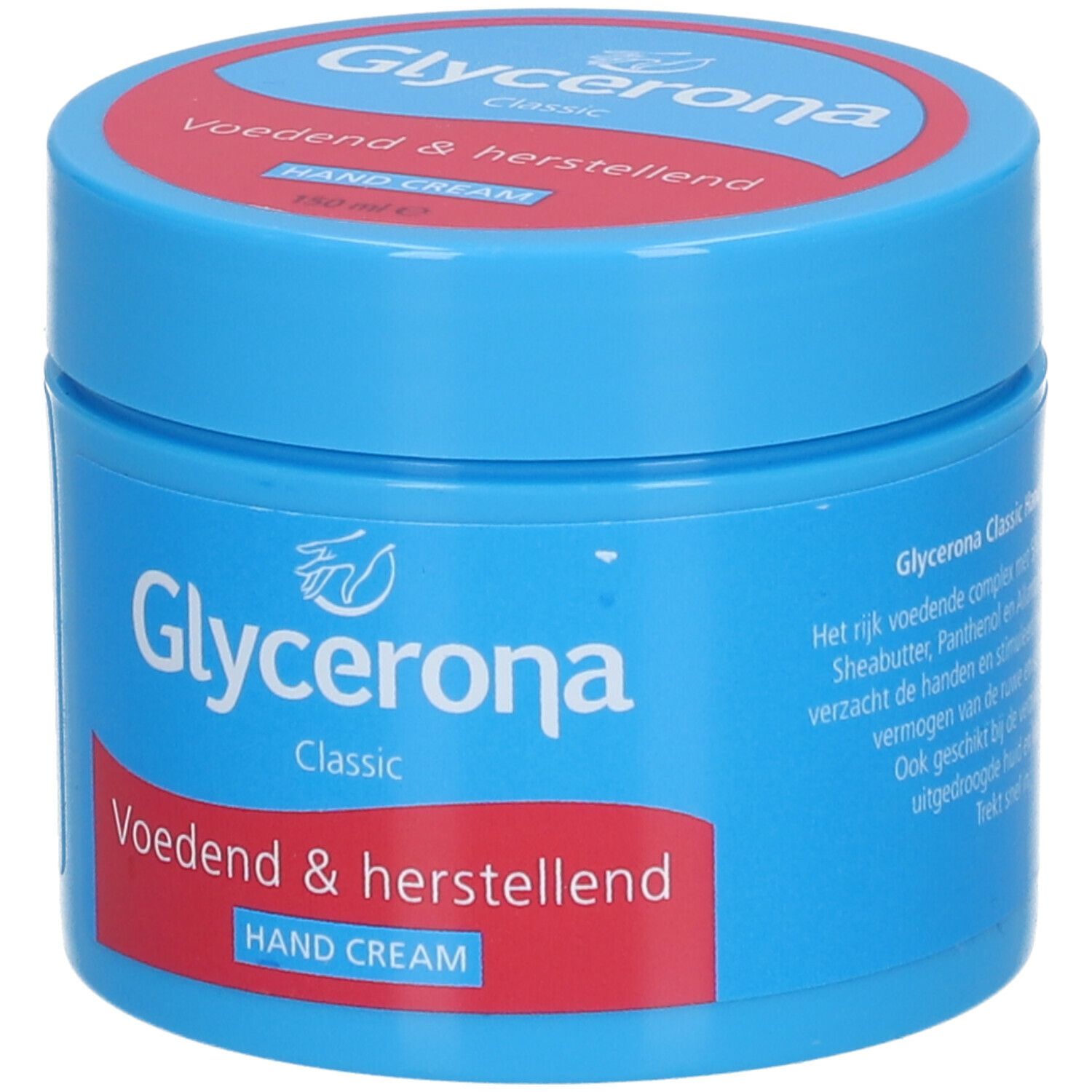 Pot bleu avec texte. Inscription: Glycerona Classic Hand Cream. Texte en néerlandais: Het rijk voedende complex met... Ook geschikt bij...