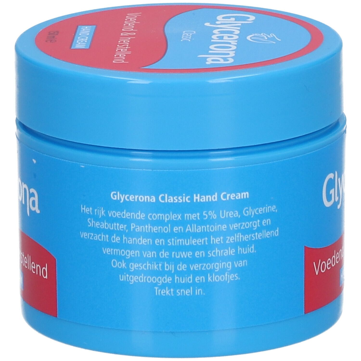 Pot bleu avec texte. Inscription: Glycerona Classic Hand Cream. Texte en néerlandais: Het rijk voedende complex met... Trekt snel in.