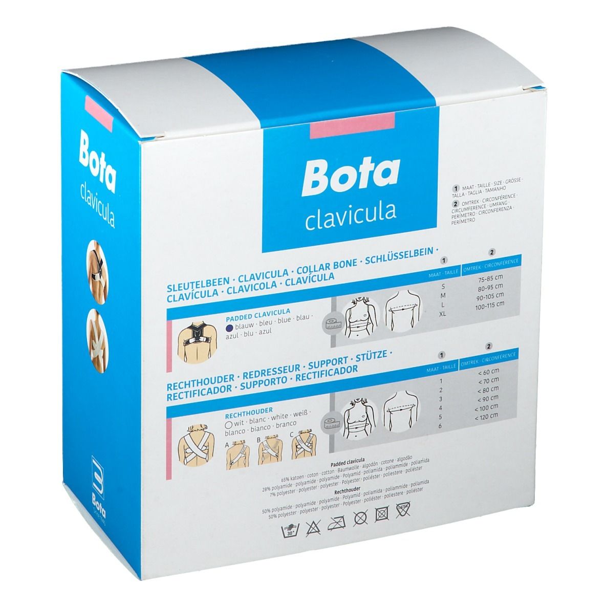 Dos de la boîte Bota clavicula. Texte: informations sur les tailles, noms de produits en plusieurs langues. Logo Bota.