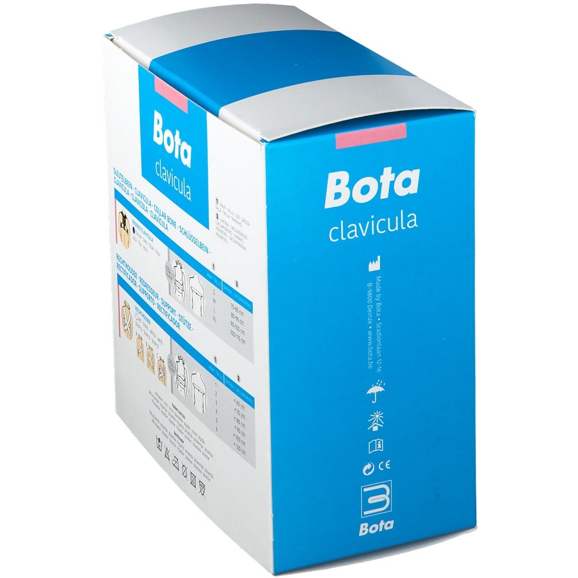 Boîte Bota clavicula. Inscription: Bota clavicula. Pictogrammes. Logo Bota.