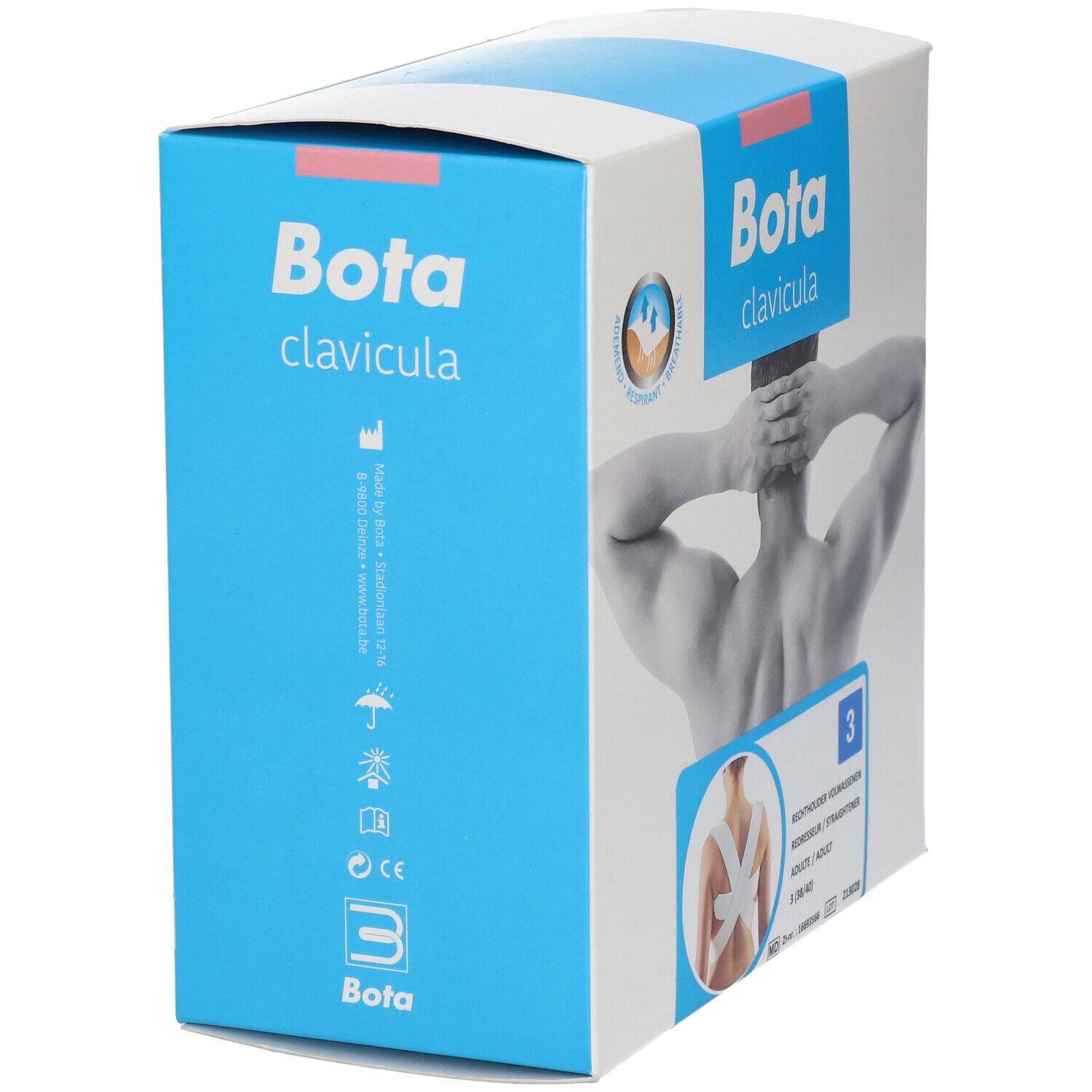 Blauw-witte verpakking van Bota clavicula. Opschrift: Rechtouder. Logo Bota. Afbeelding van een rug.