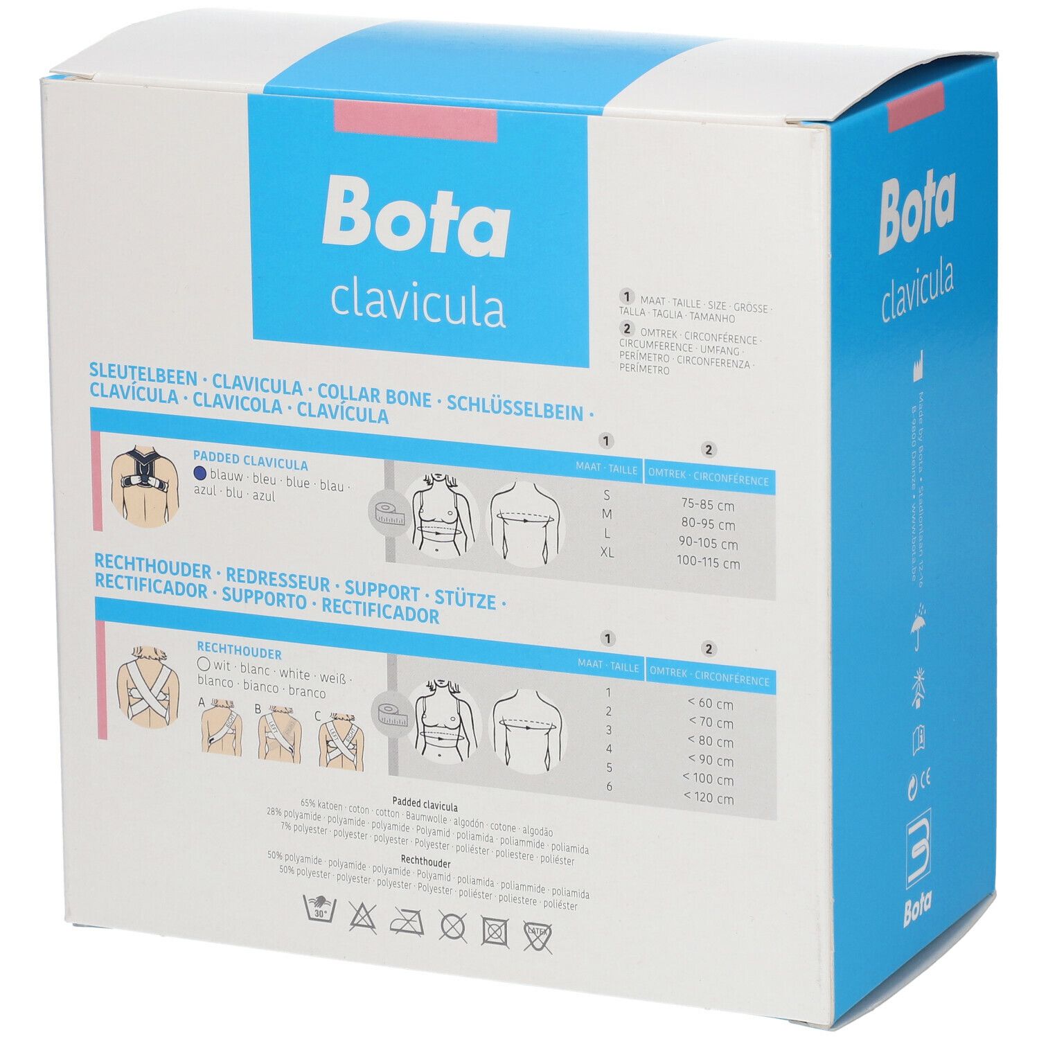 Achterkant van de verpakking van Bota clavicula. Productillustraties en maatindicaties. Logo Bota.