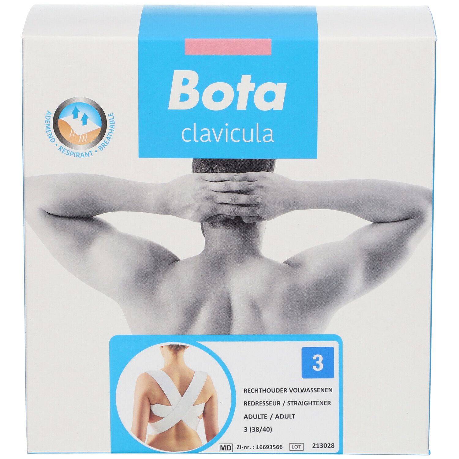 Verpakking van Bota clavicula. Opschrift: Rechtouder, maat 3. Afbeelding van een rug met het product.