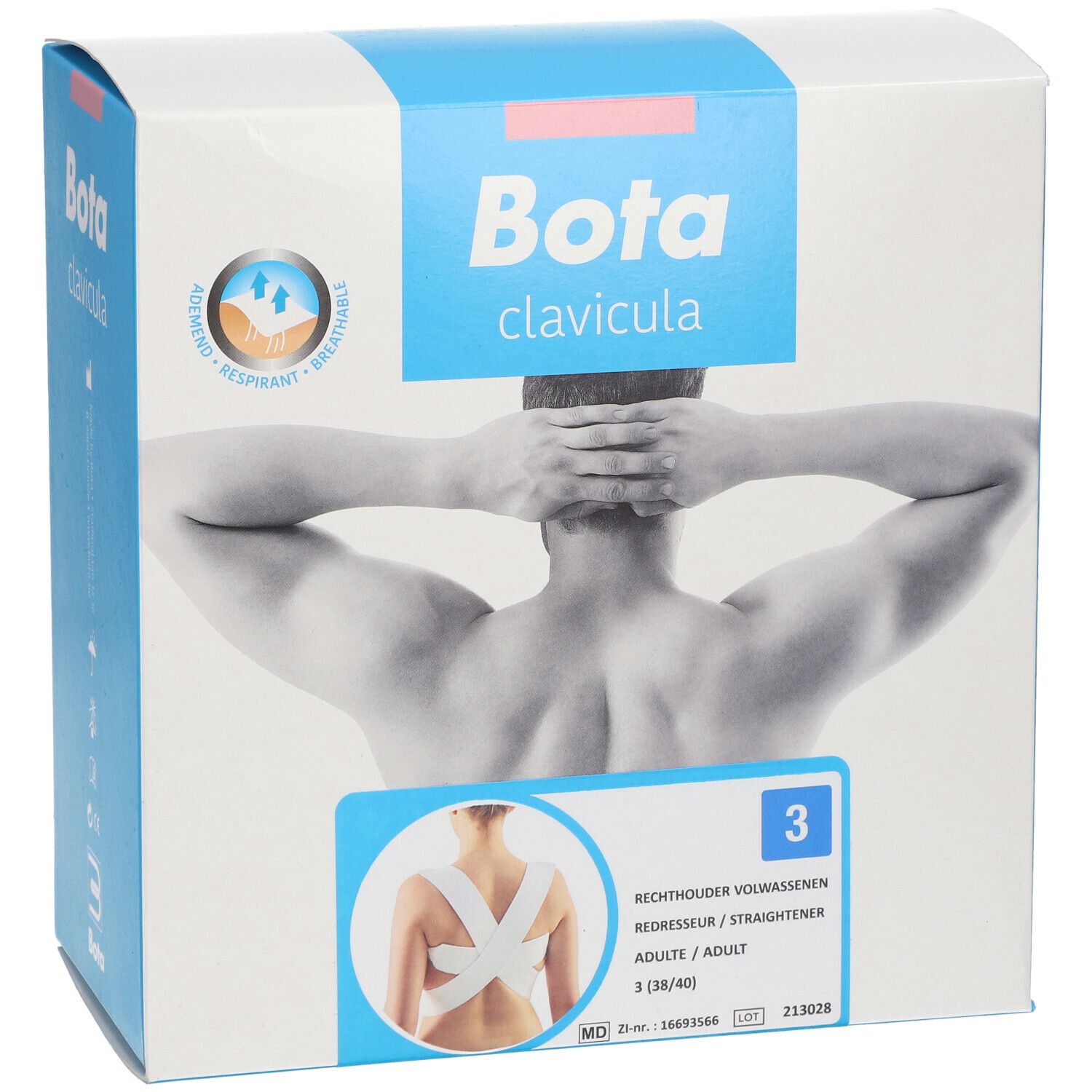 Verpakking van Bota clavicula. Opschrift: Rechtouder, maat 3. Afbeelding van een rug met het product.