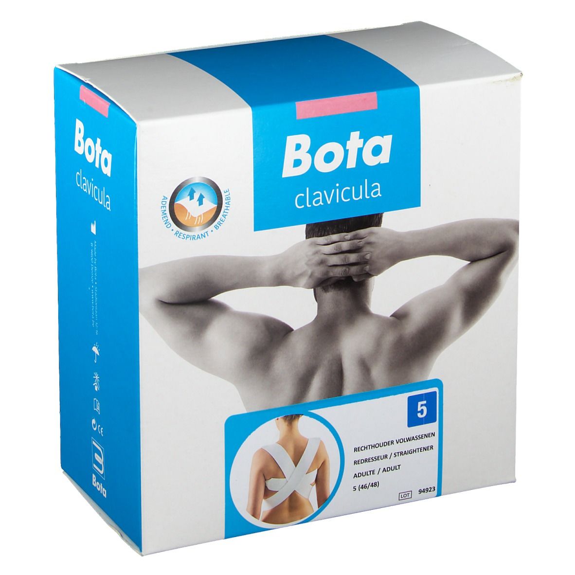 Verpakking van Bota clavicula brace. Wit-blauwe doos met productafbeelding en logo. Maat S.