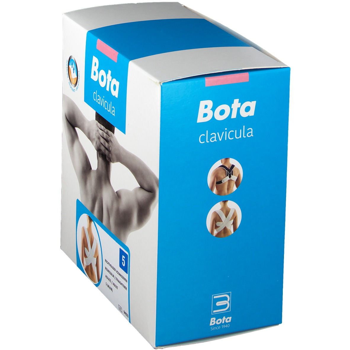 Verpakking Bota clavicula. Wit-blauwe doos met productafbeelding en logo. Maat S.