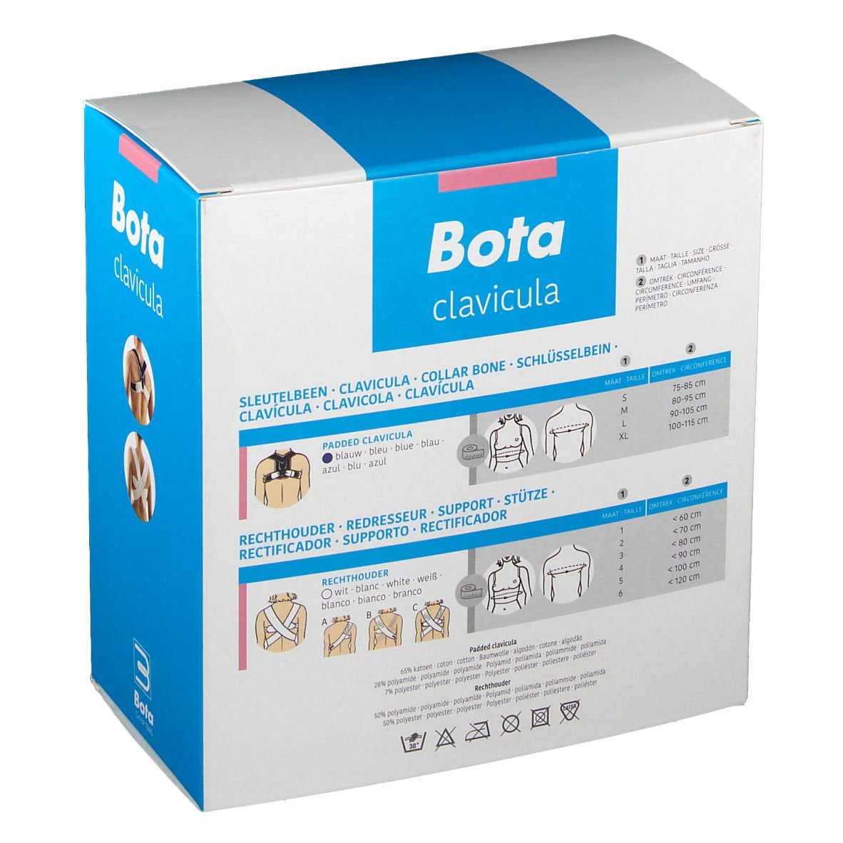 Achterkant van de Bota clavicula verpakking. Maatinformatie en productillustraties. Wit-blauwe doos.