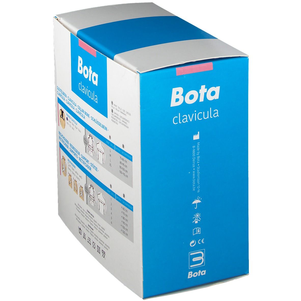 Bota clavicula verpakking. Maatinformatie en productillustraties. Wit-blauwe doos.