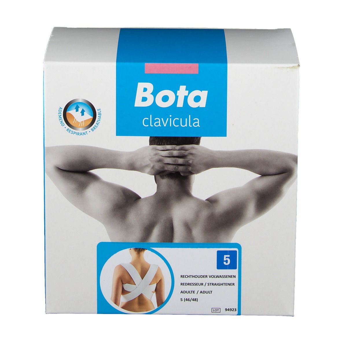 Verpakking van Bota clavicula brace. Wit-blauwe doos met productafbeelding en logo. Maat S.