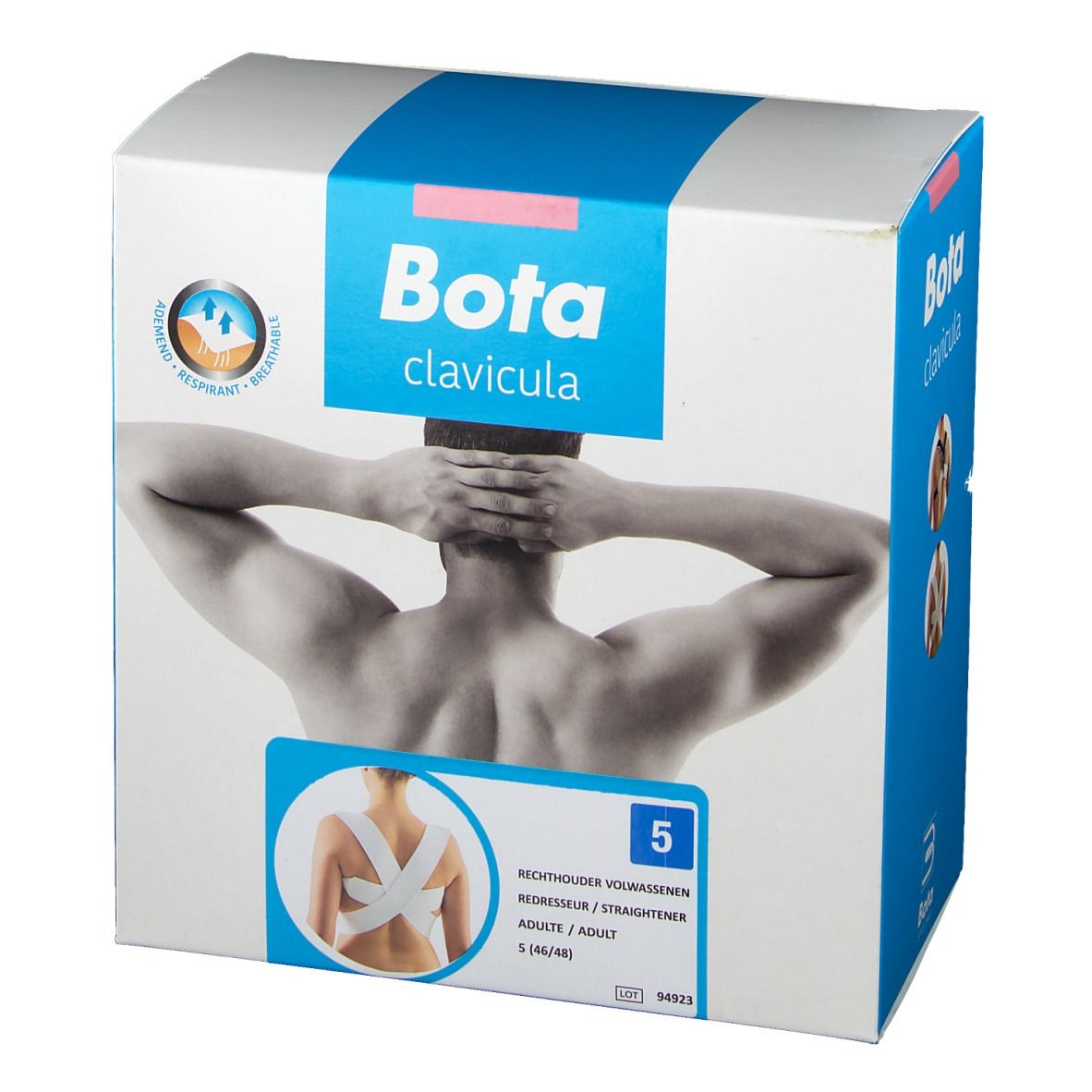 Verpakking van Bota clavicula brace. Wit-blauwe doos met productafbeelding en logo. Maat S.