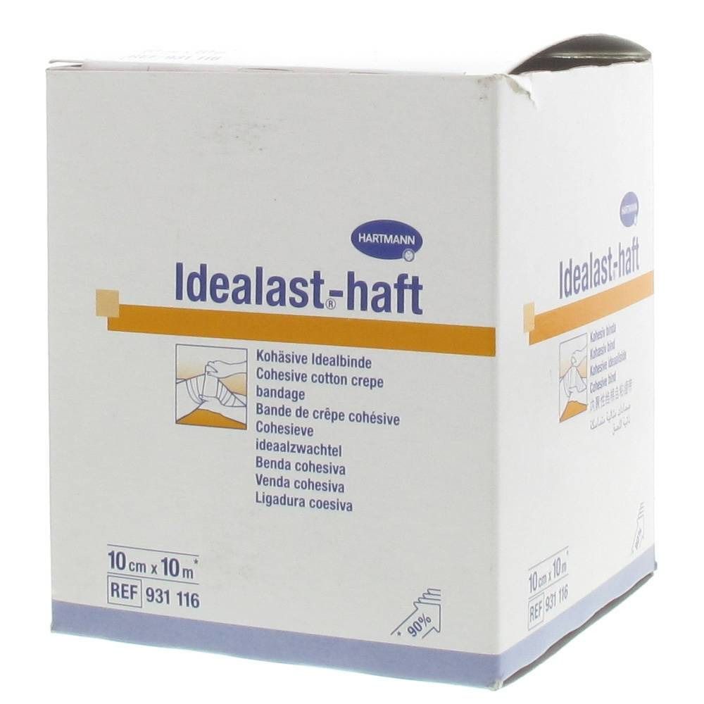 Witte doos met productnaam Idealast-haft en Hartmann-logo. Bevat een cohesief verband, 10 cm x 10 m.