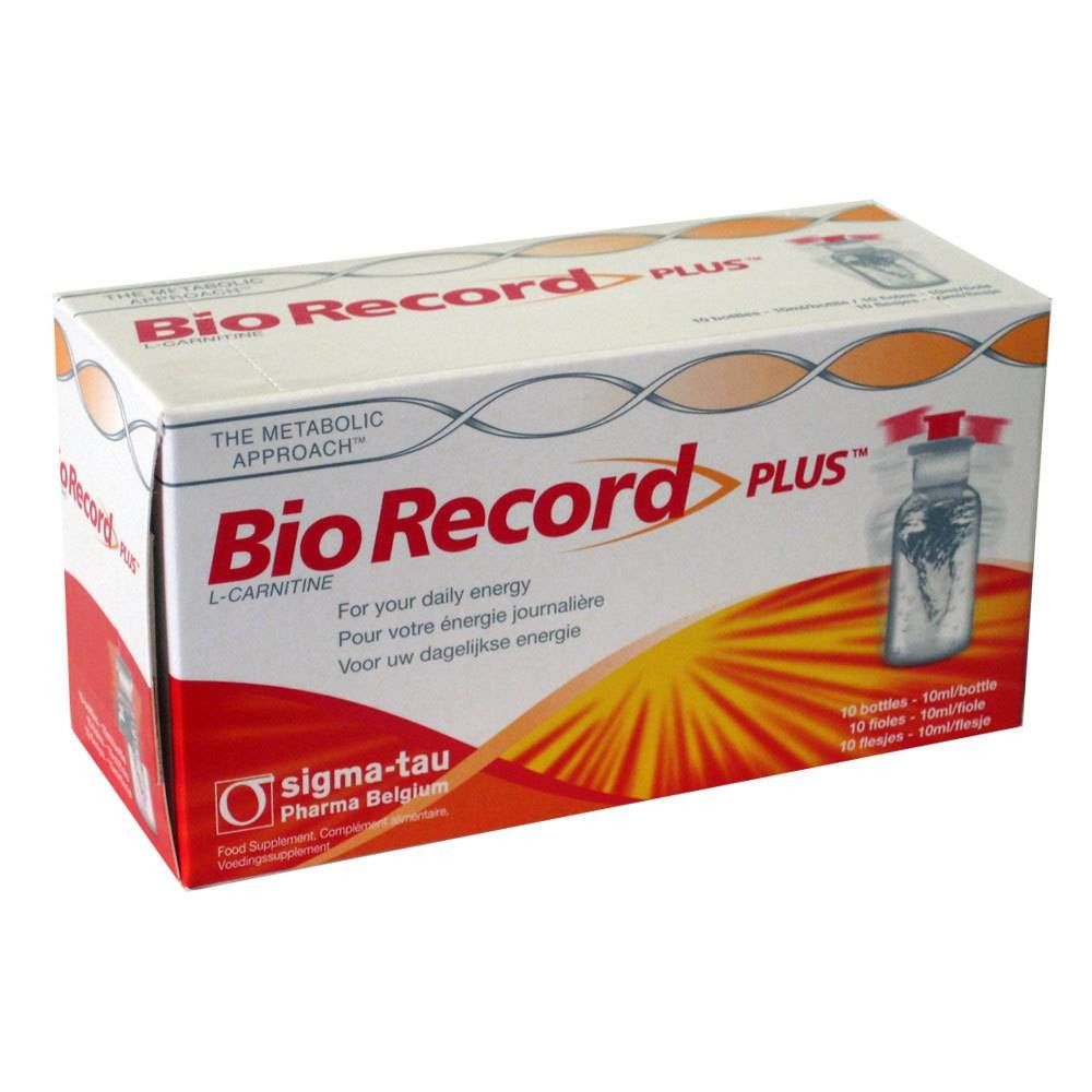 Boîte "Bio Record Plus". Contient 10 flacons. Inscription : L-Carnitine. Sigma-Tau Pharma Belgique.