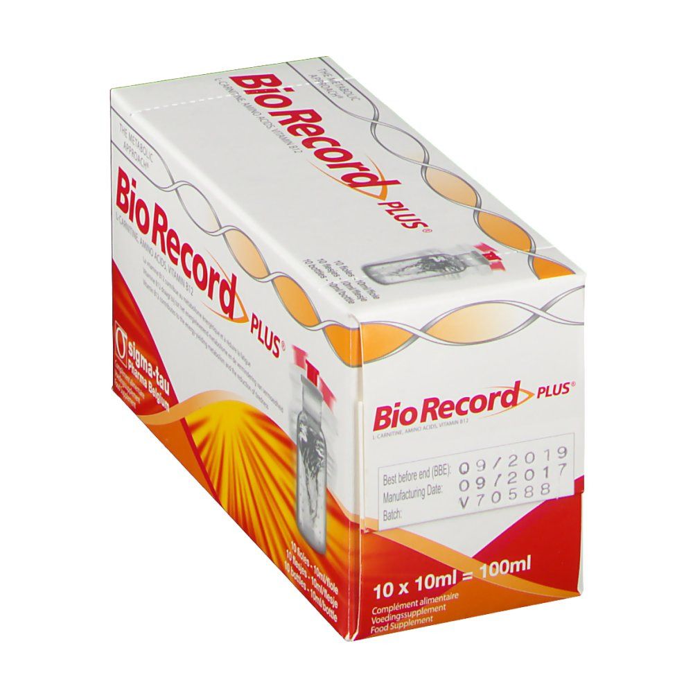 Boîte "Bio Record Plus" en biais. Contient 10 ampoules de 10 ml. Date de péremption 09/2019.