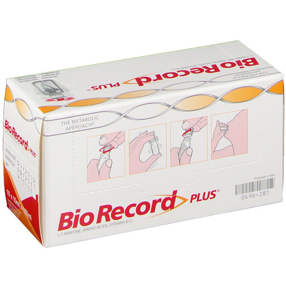 Boîte "Bio Record Plus" avec exemples d'utilisation. Contient 10 ampoules. Inscription : L-Carnitine, acides aminés, vitamine B12.