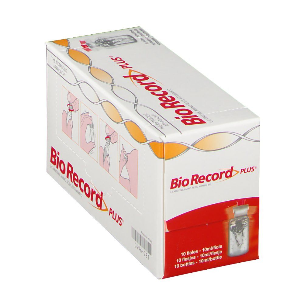 Boîte "Bio Record Plus" en biais. Contient 10 flacons. Inscription : L-Carnitine, acides aminés, vitamine B12.