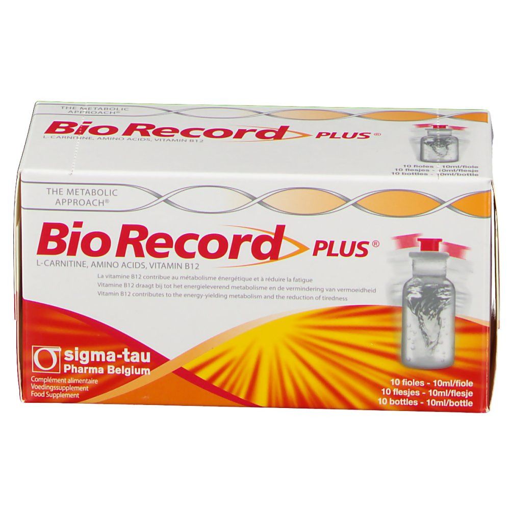 Boîte "Bio Record Plus". Contient 10 flacons. Inscription : L-Carnitine, acides aminés, vitamine B12. Sigma-Tau Pharma Belgique.