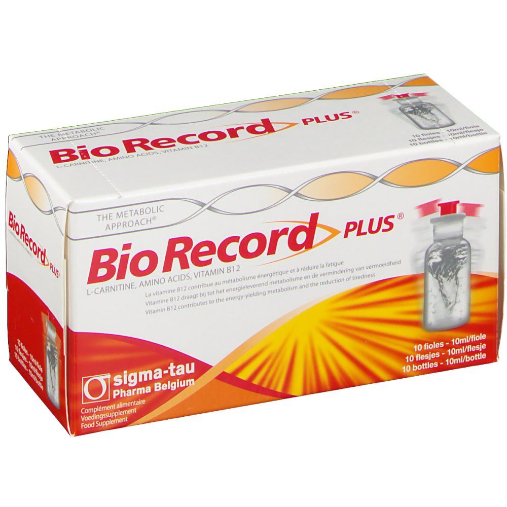 Boîte "Bio Record Plus". Contient 10 flacons. Inscription : L-Carnitine, acides aminés, vitamine B12. Sigma-Tau Pharma Belgique.