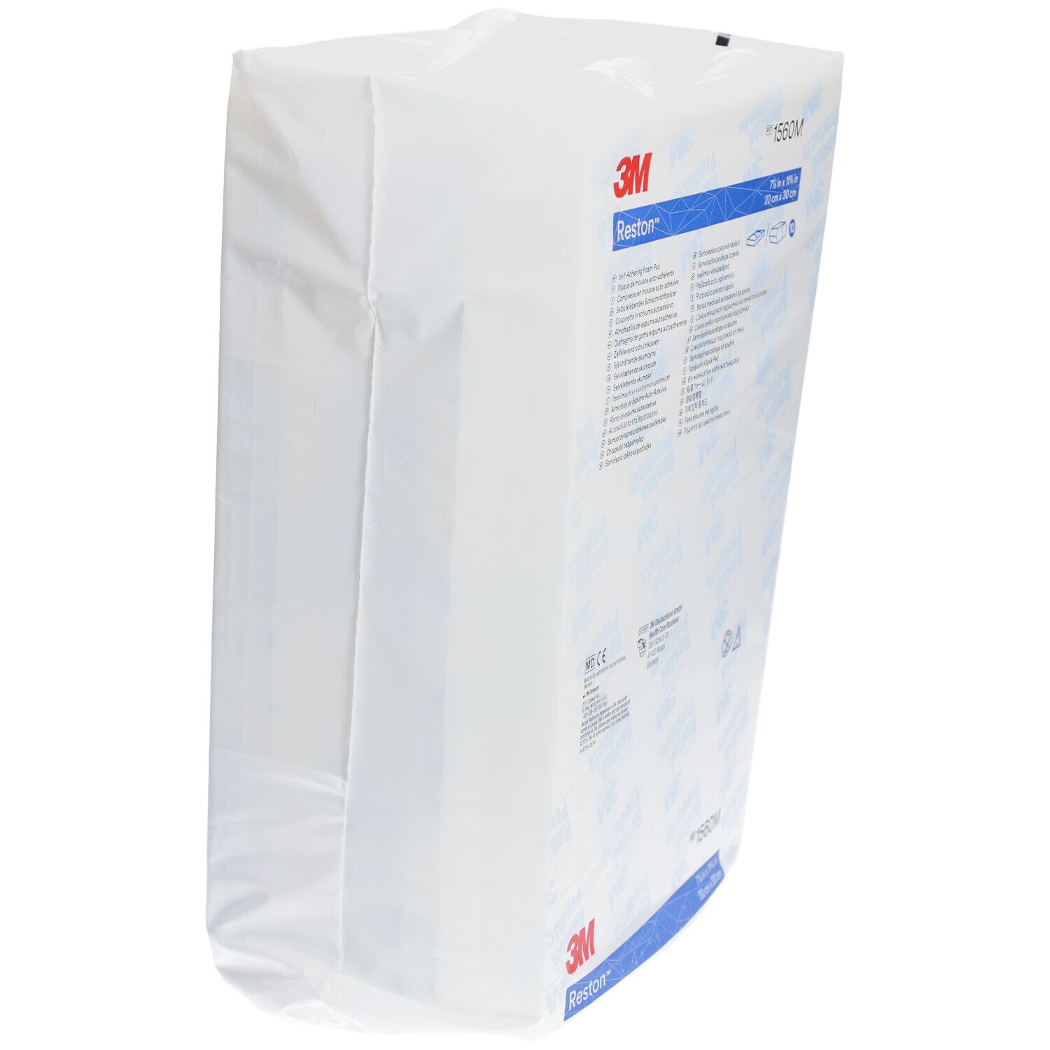 Verpackung 3M Reston Schaumstoff. Seitenansicht. Weißes Material. Aufdrucke teilweise sichtbar. Verpackung leicht schräg.
