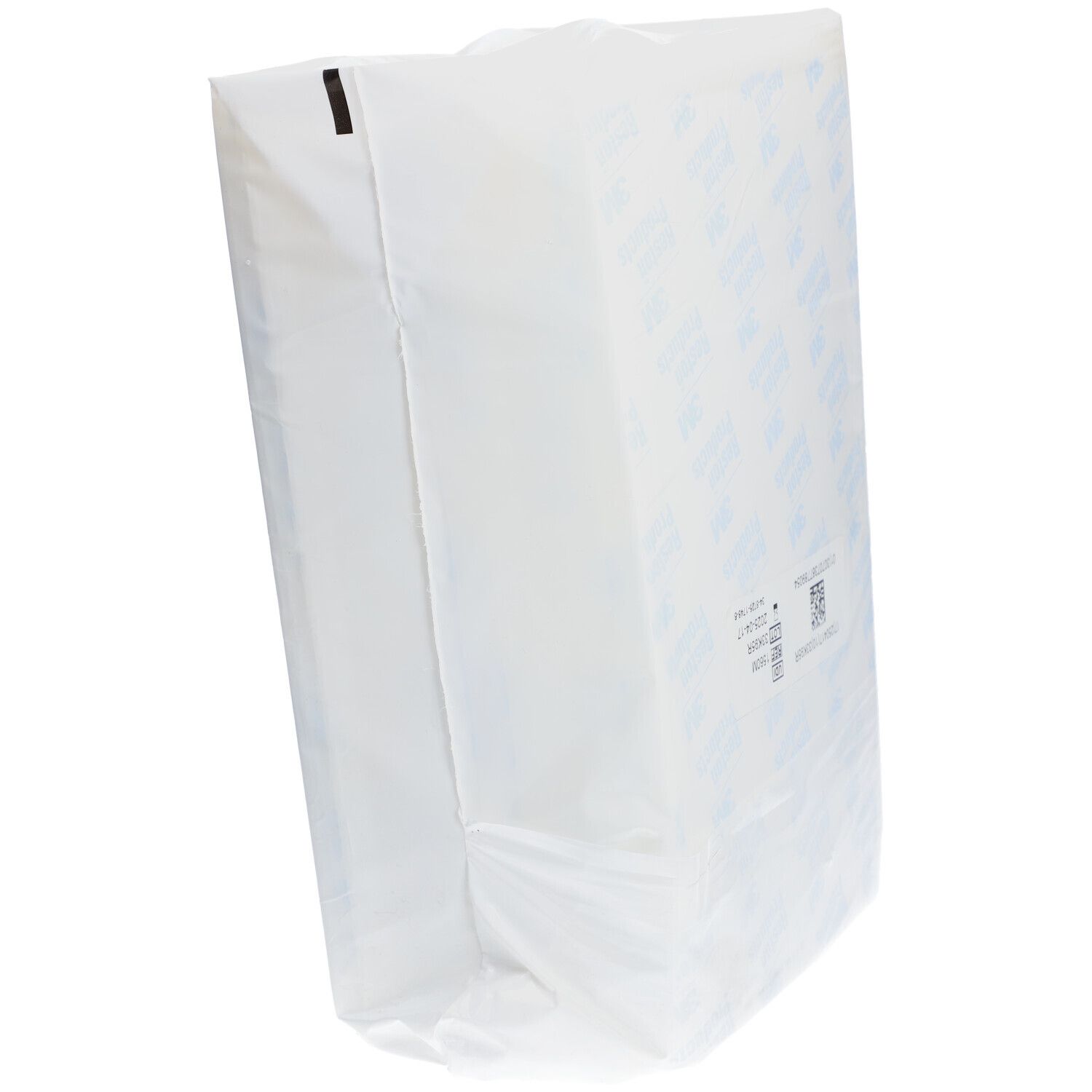 Verpackung 3M Reston Schaumstoff. Schräge Seitenansicht. Weißes Material. Verpackung leicht schräg.