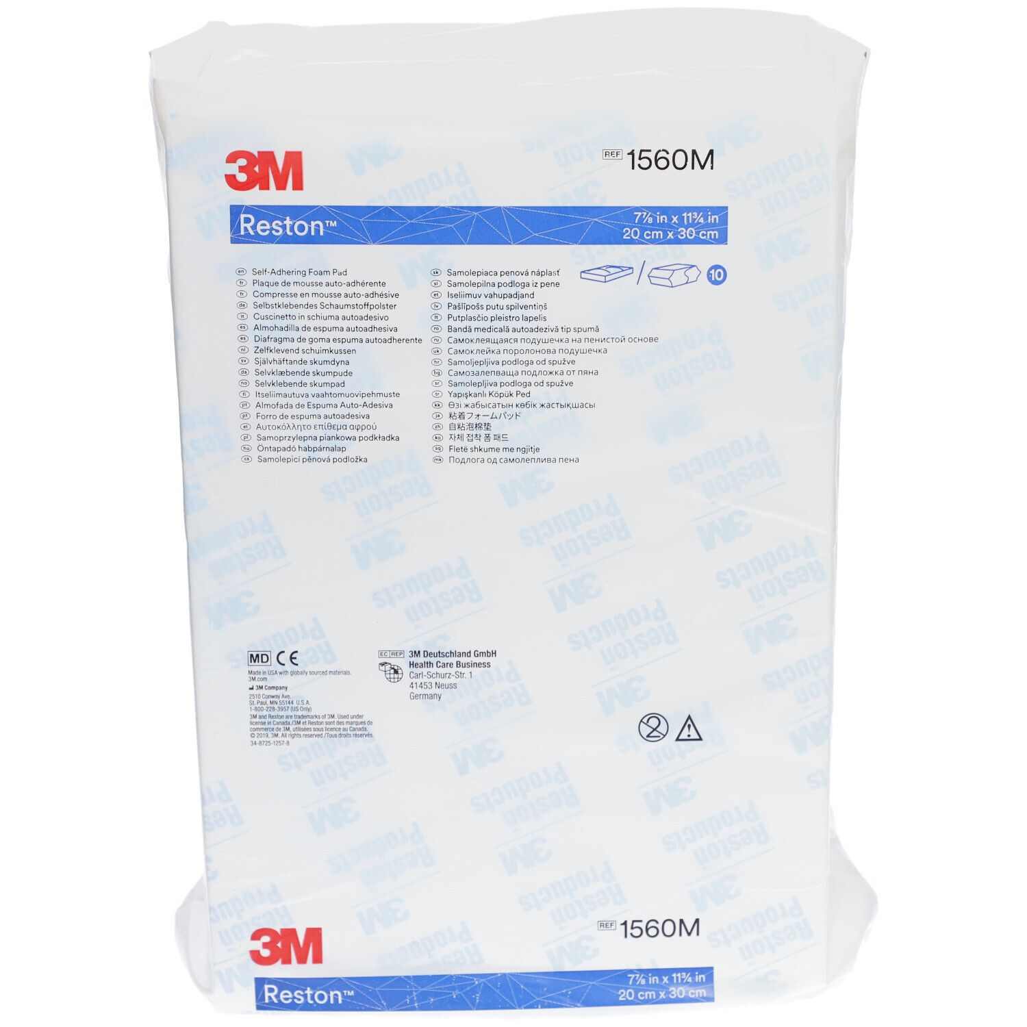 Verpackung 3M Reston Schaumstoff. Vorderseite mit Produktinformationen. Weißes Material. Größenangabe 20 cm x 30 cm.