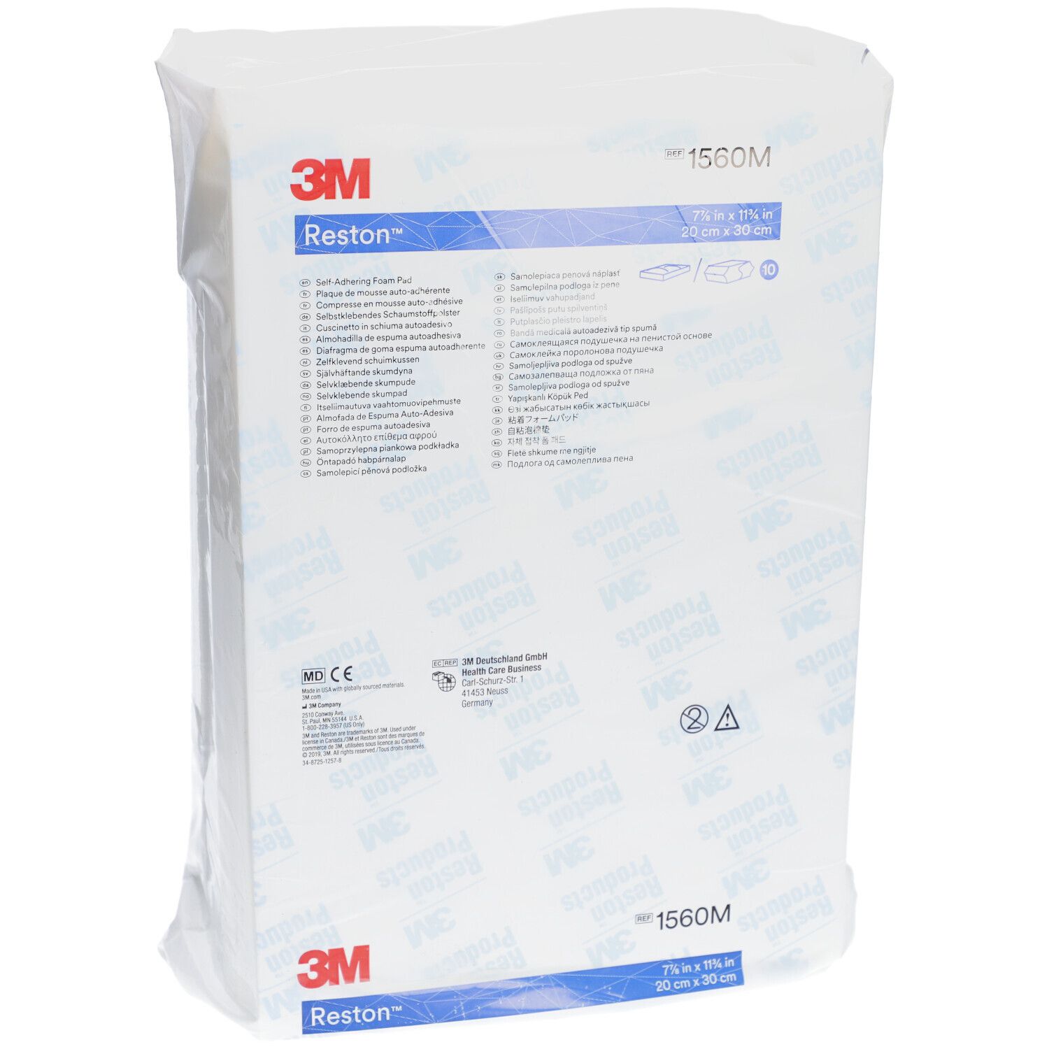 Verpackung 3M Reston Schaumstoff. Vorderseite mit Produktinformationen. Weißes Material. Größenangabe 20 cm x 30 cm.