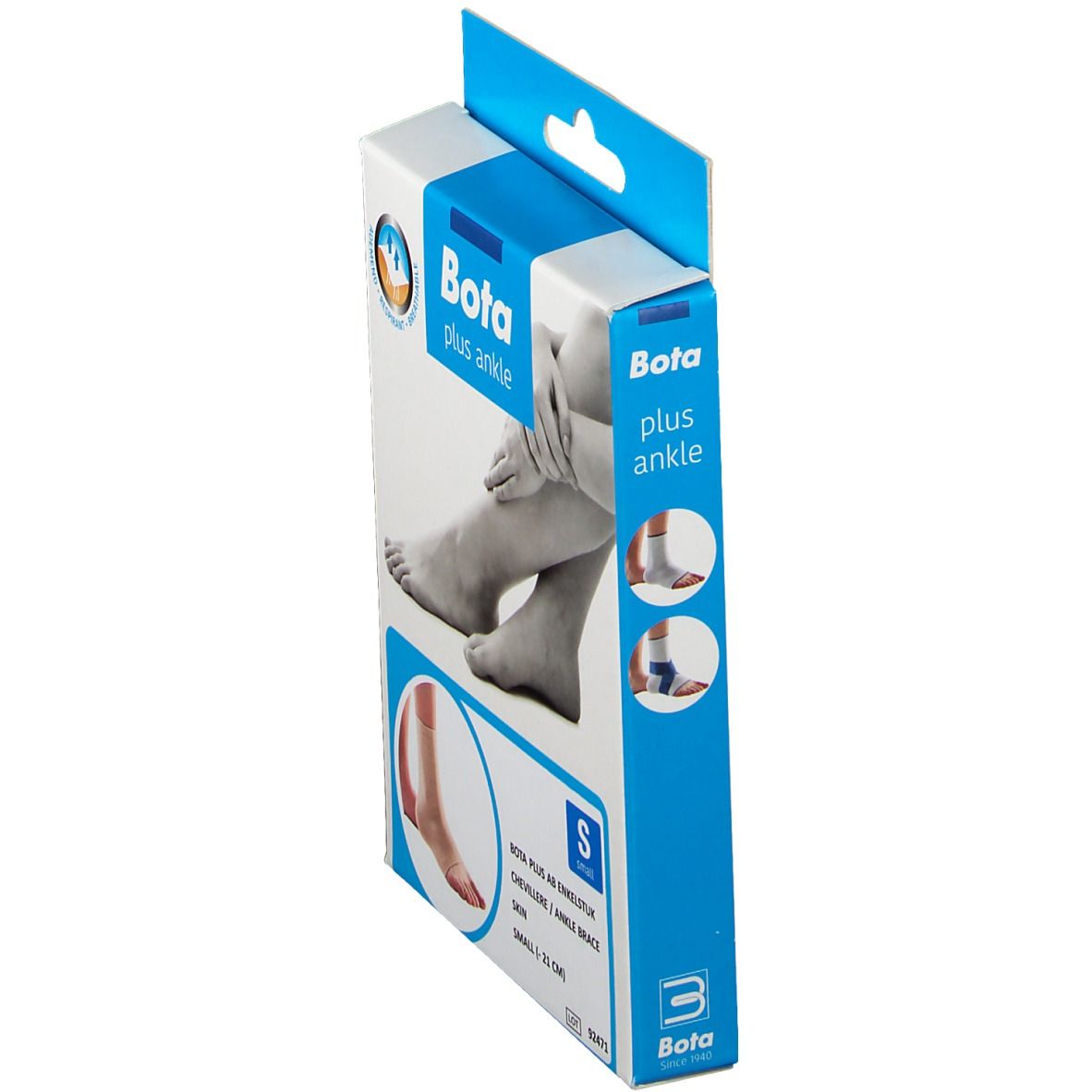 Vue latérale de la boîte Bota Plus AB chevillère. Taille S. Image du produit et logo.