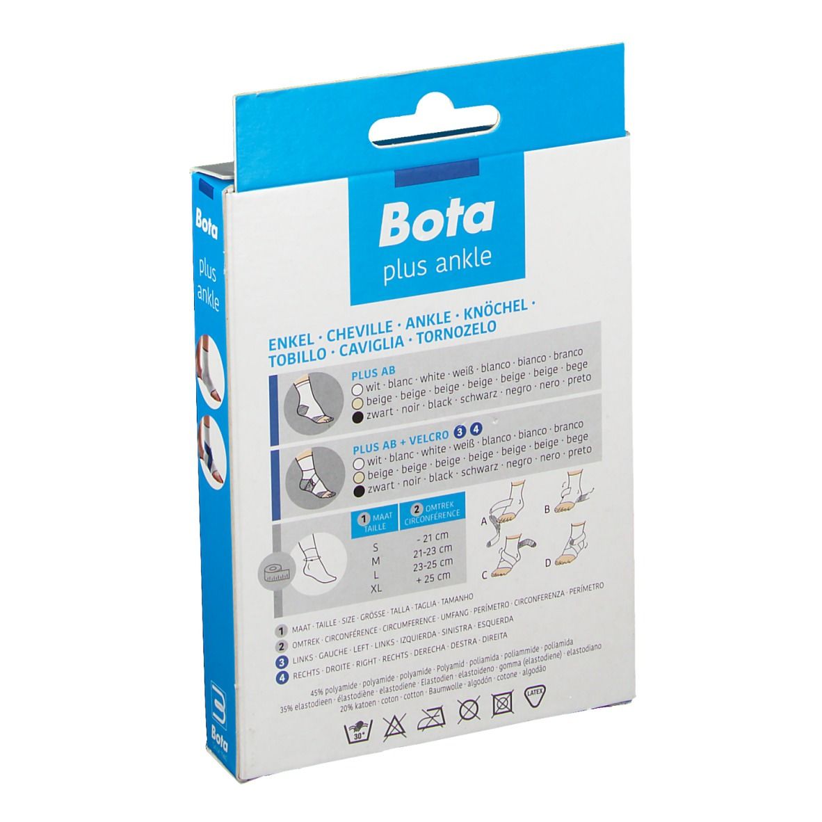 Dos de la boîte Bota Plus AB chevillère. Informations sur les tailles et le produit.