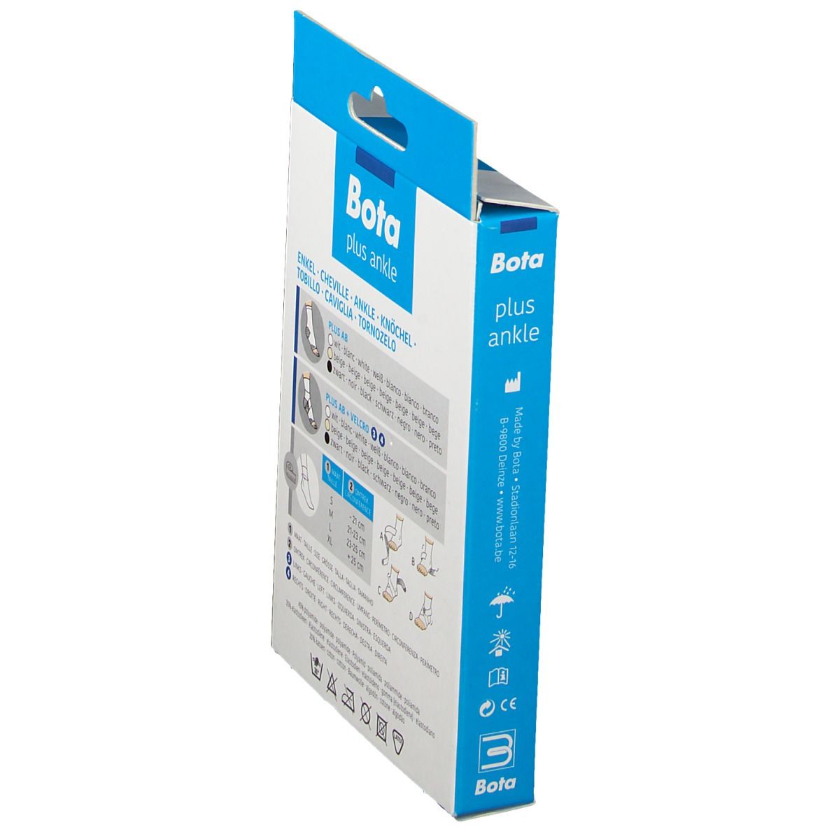 Vue latérale de la boîte Bota Plus AB chevillère. Informations sur les tailles et le produit.