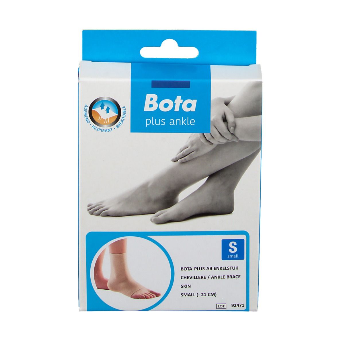 Boîte Bota Plus AB chevillère. Taille S. Illustration d'un pied avec bandage.