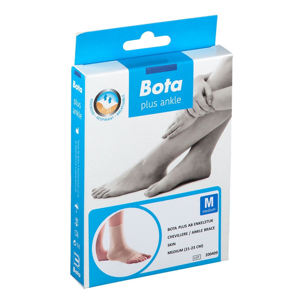 Verpakking van Bota Plus AB enkelbrace Skin, maat M. Illustratie van voet en enkel. Maat M (21-23 cm).