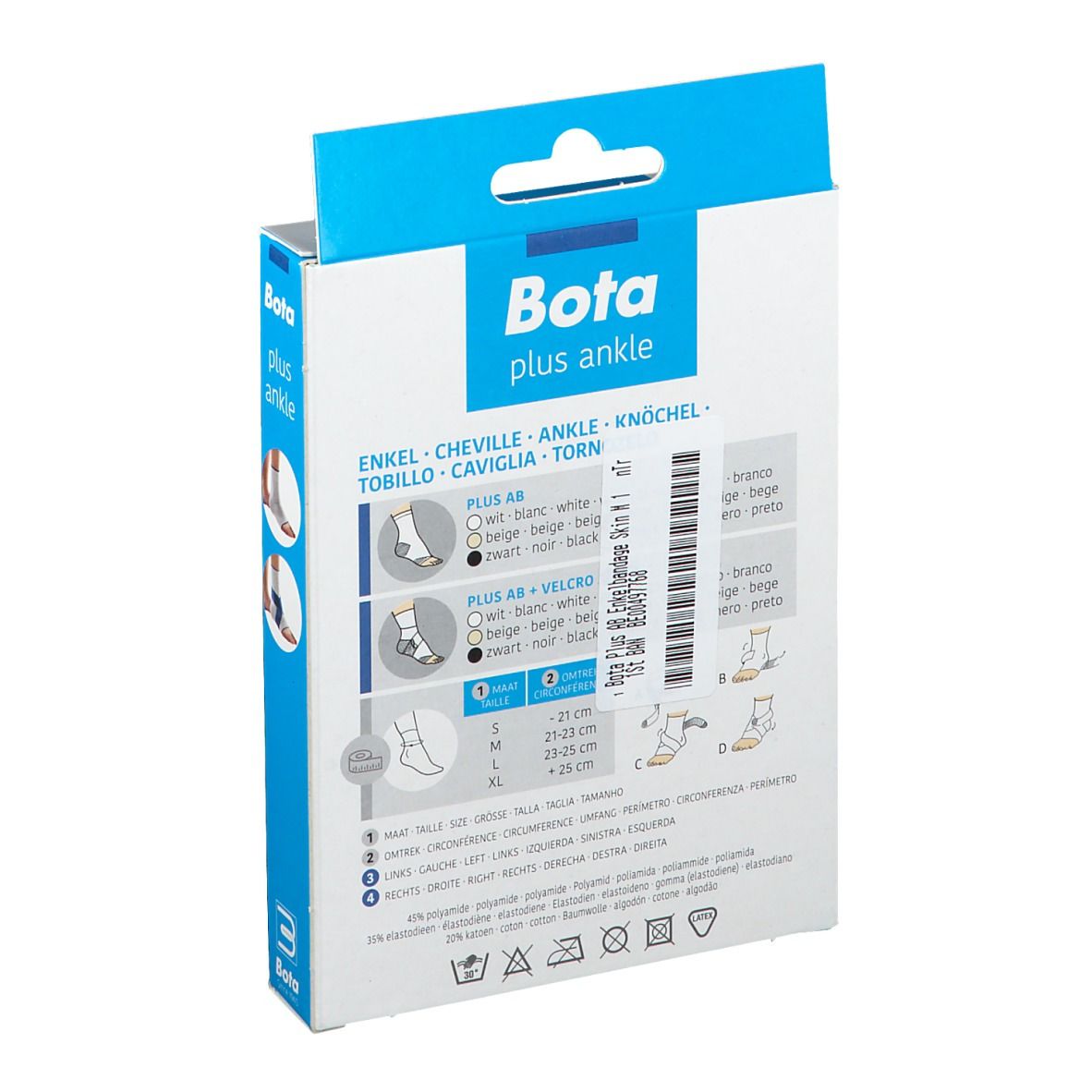 Achterkant van de verpakking van Bota Plus AB enkelbrace. Maatvoering en productinformatie in verschillende talen.