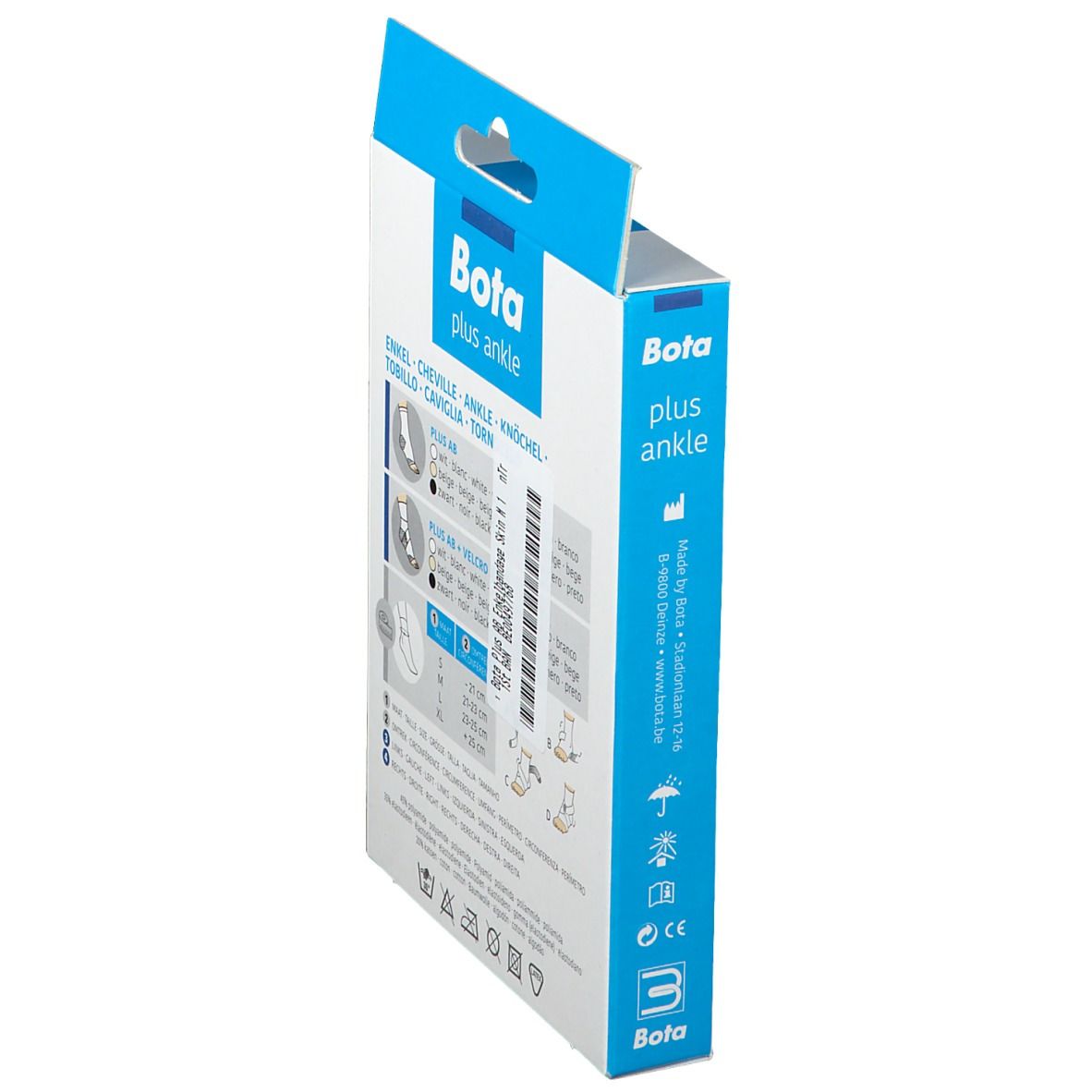 Zijaanzicht van de verpakking van Bota Plus AB enkelbrace. Productinformatie en maatvoering.