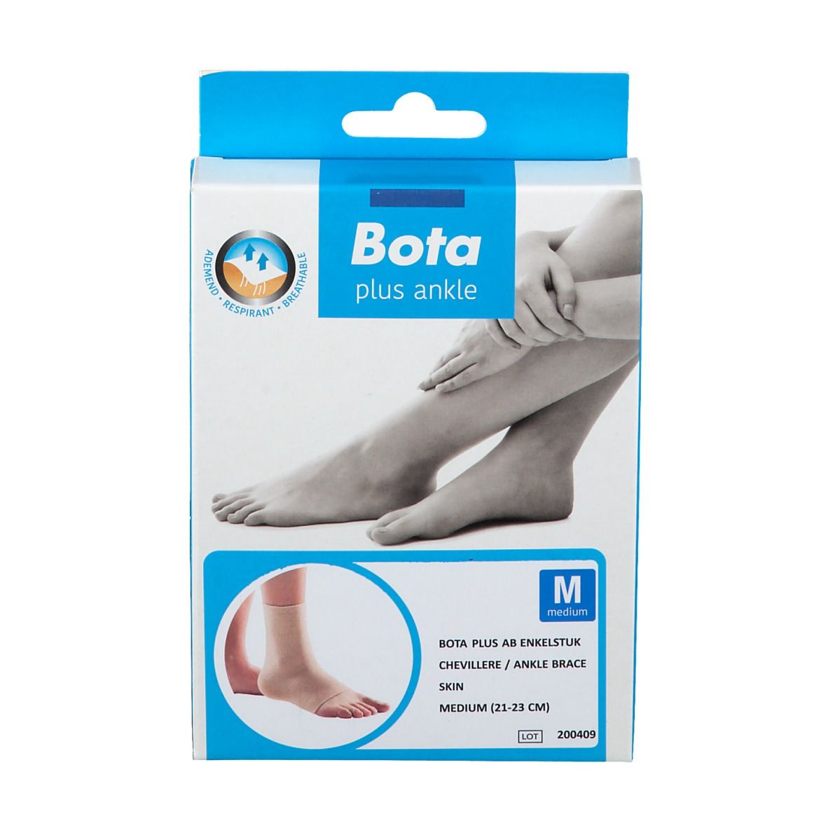 Verpakking van Bota Plus AB enkelbrace Skin, maat M. Illustratie van voet en enkel. Maat M (21-23 cm).