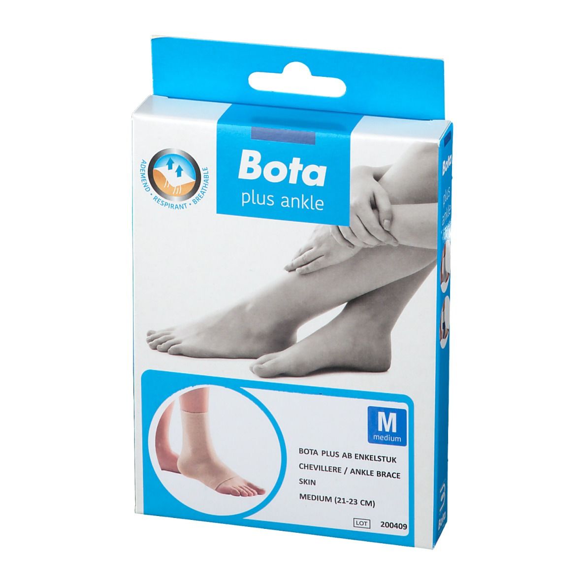Verpakking van Bota Plus AB enkelbrace Skin, maat M. Illustratie van voet en enkel. Maat M (21-23 cm).