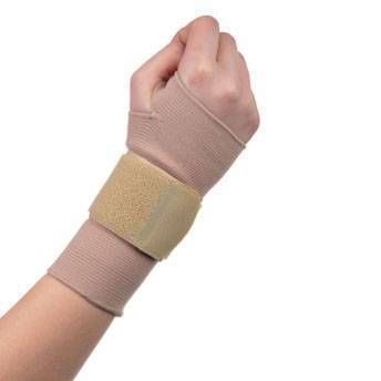 Attelle de poignet beige. Fermeture velcro. Tissu beige. Élastique.