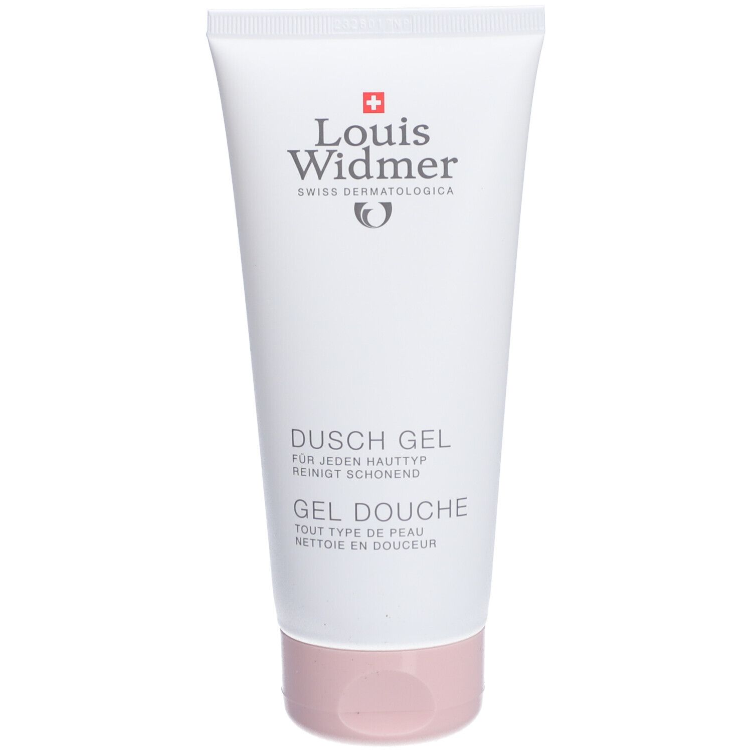 Tube blanche avec bouchon rose. Inscription: Louis Widmer, Gel Douche, croix suisse.